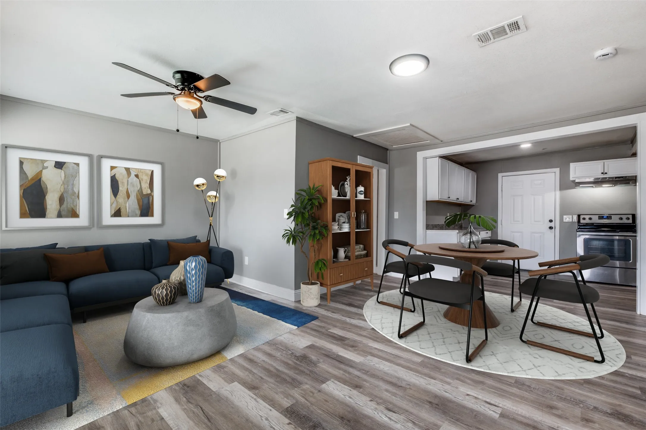 Virtually staged living and dining area