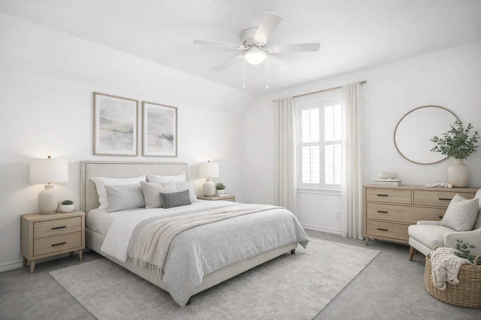 Virtual Staged Carpeted bedroom with a ceiling fan and lofted ceiling