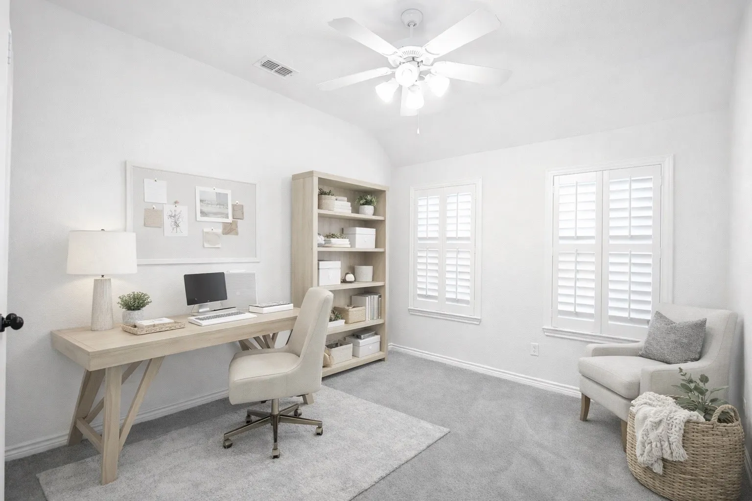 Virtual Staged  Home office with a ceiling fan, light carpet, and lofted ceiling