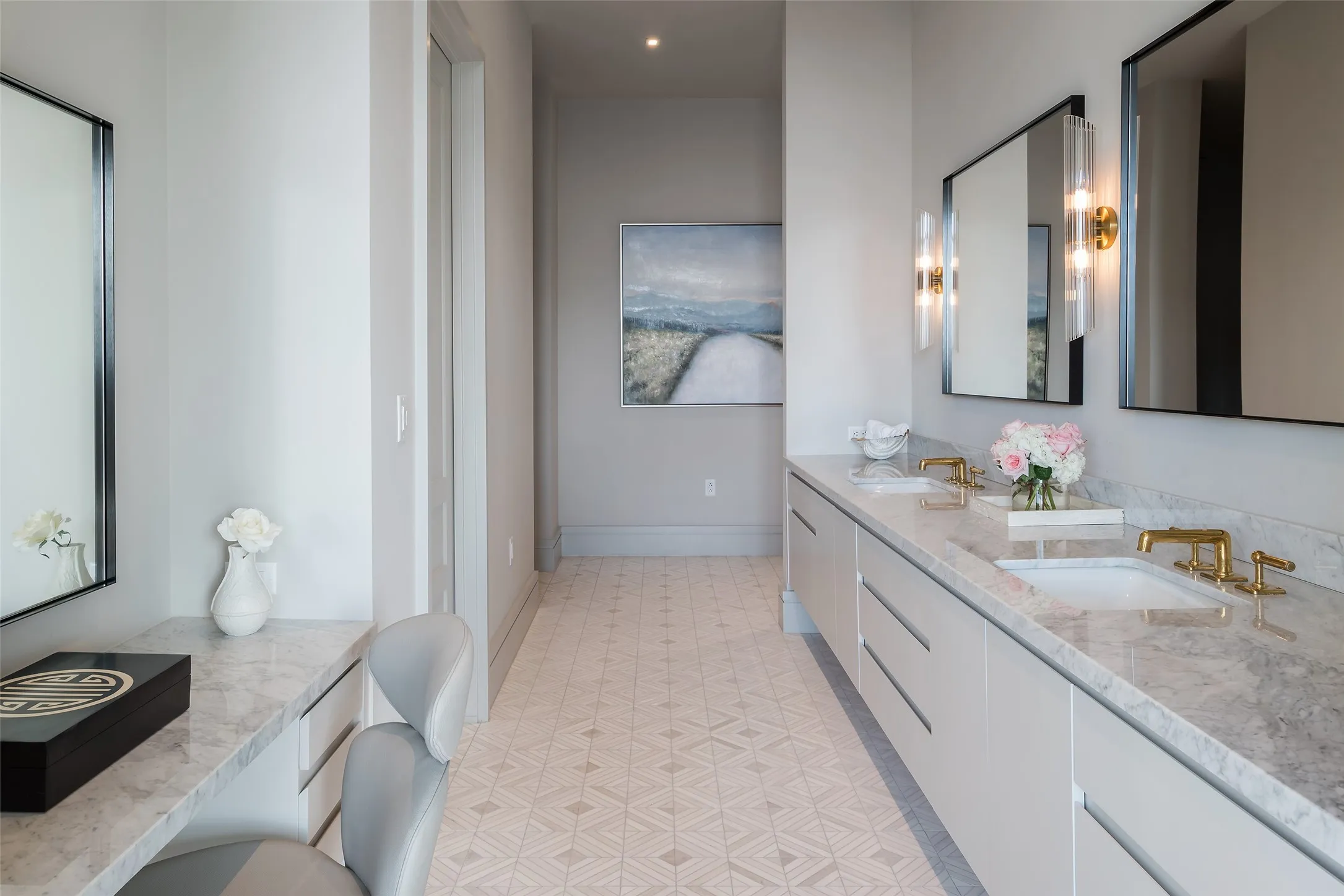 Full bath with double vanity, light flooring, and recessed lighting