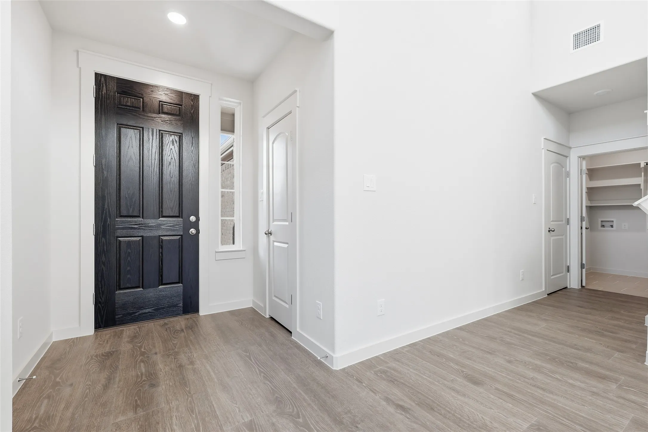 Entryway featuring a dark wood door with panel detailing, a vertical sidelight, and wood-finish flooring