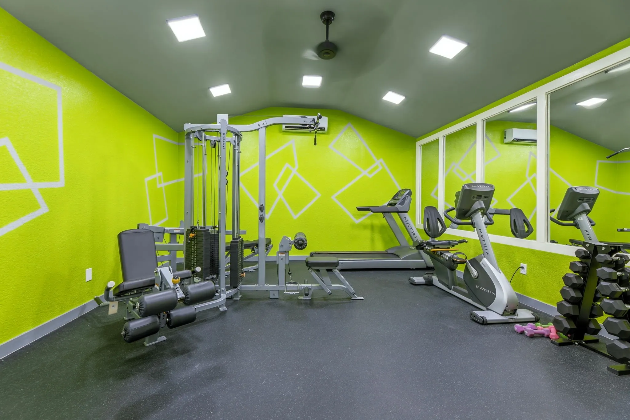 Exercise room with lofted ceiling