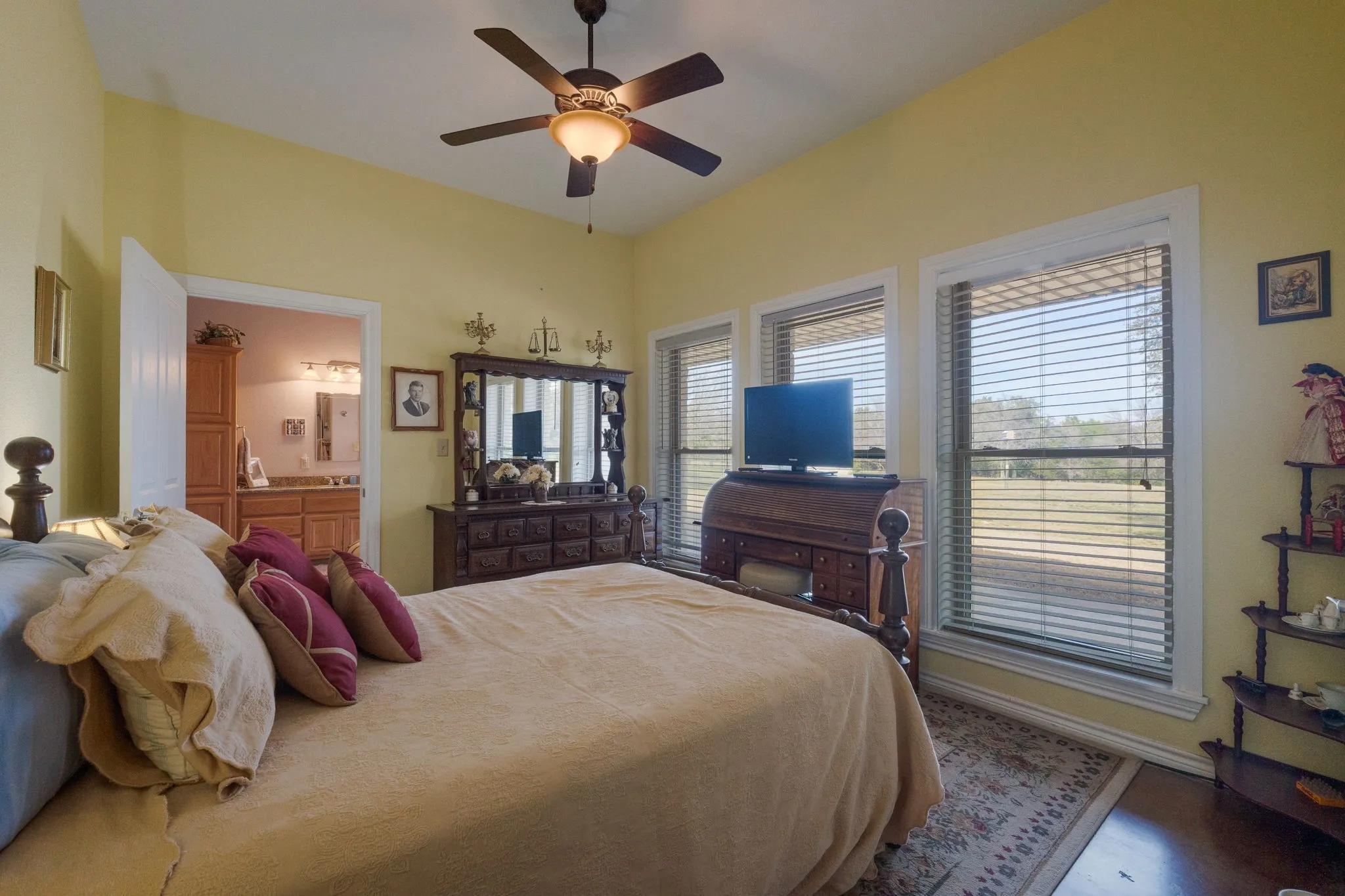 Bedroom with ceiling fan and connected bathroom