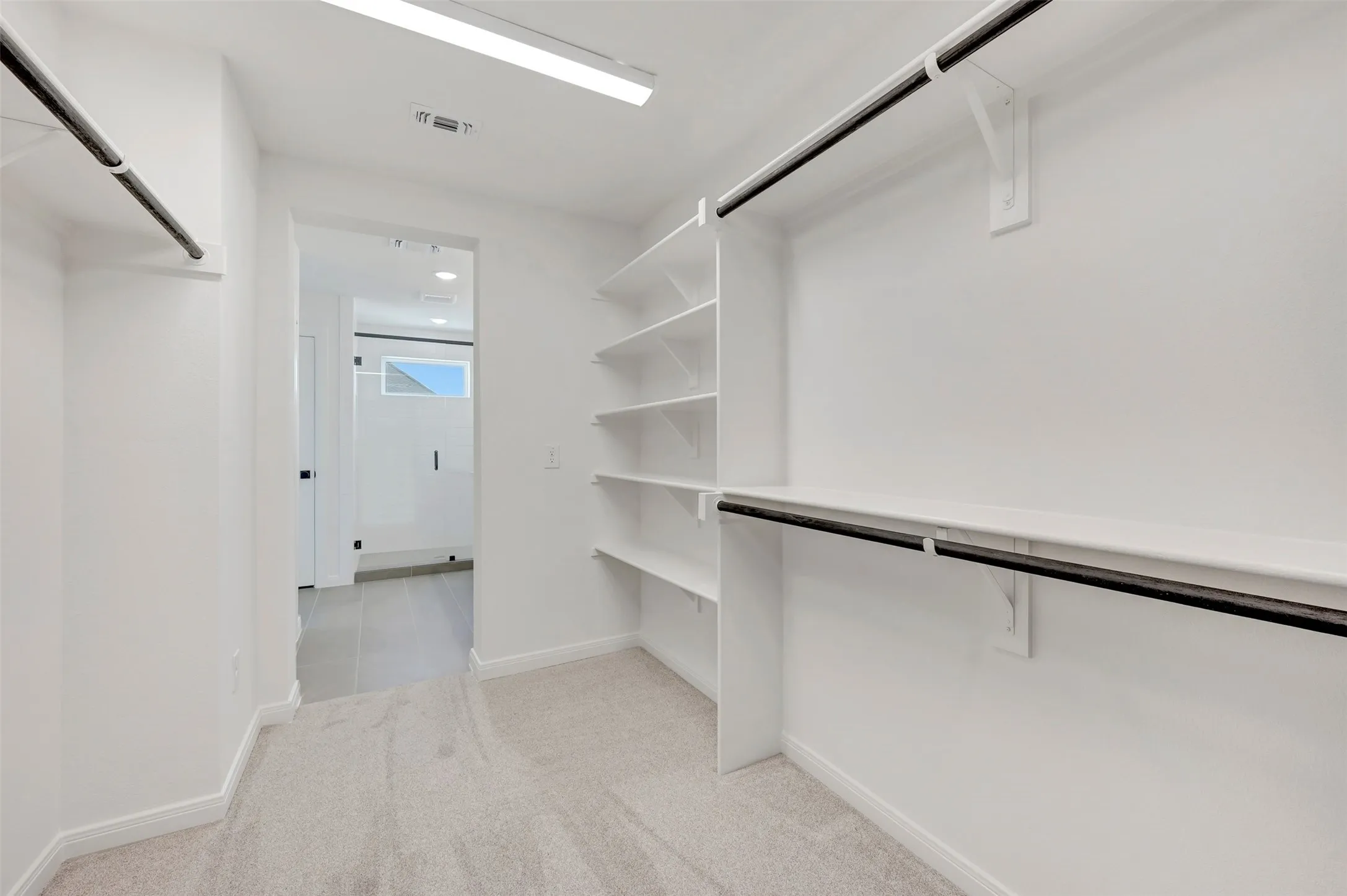 Spacious walk-in closet featuring light-toned carpeting, white walls, built-in shelving, and multiple hanging rods