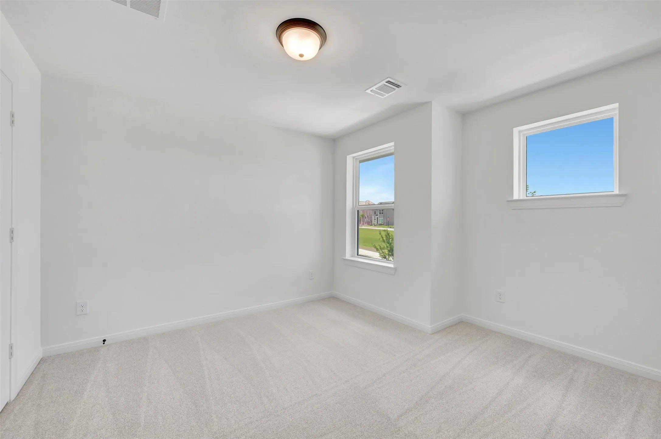 Interior room featuring two windows, light gray carpet, white walls, and a ceiling-mounted light fixture