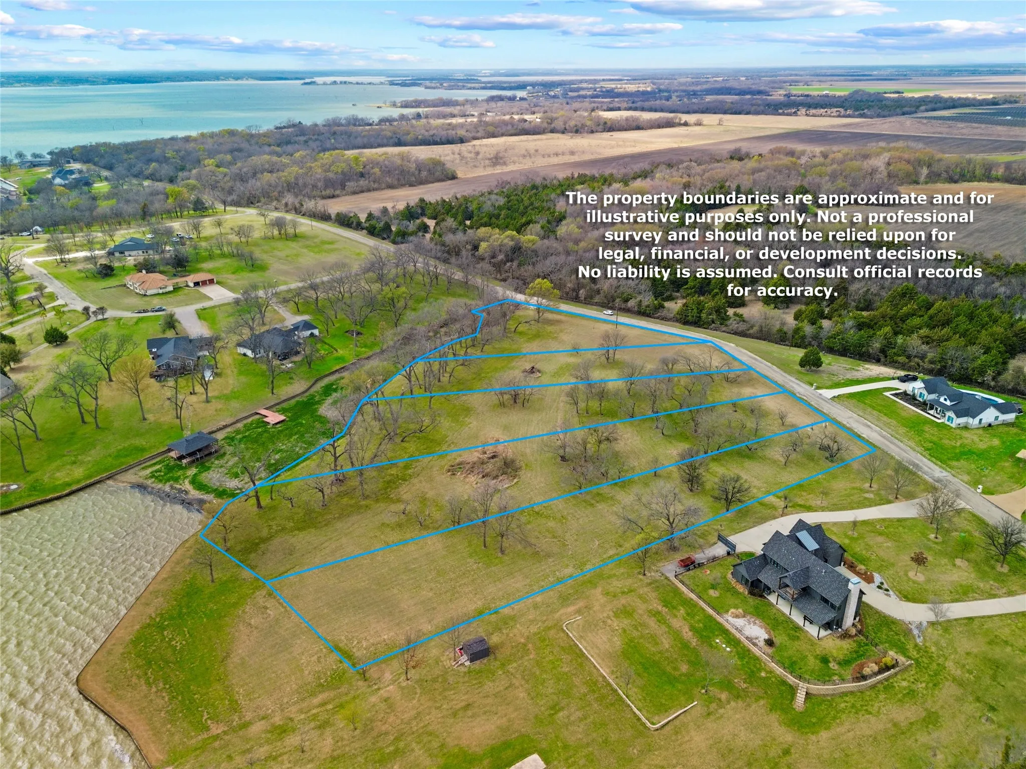 Aerial view of property and surrounding area with property boundaries highlighted