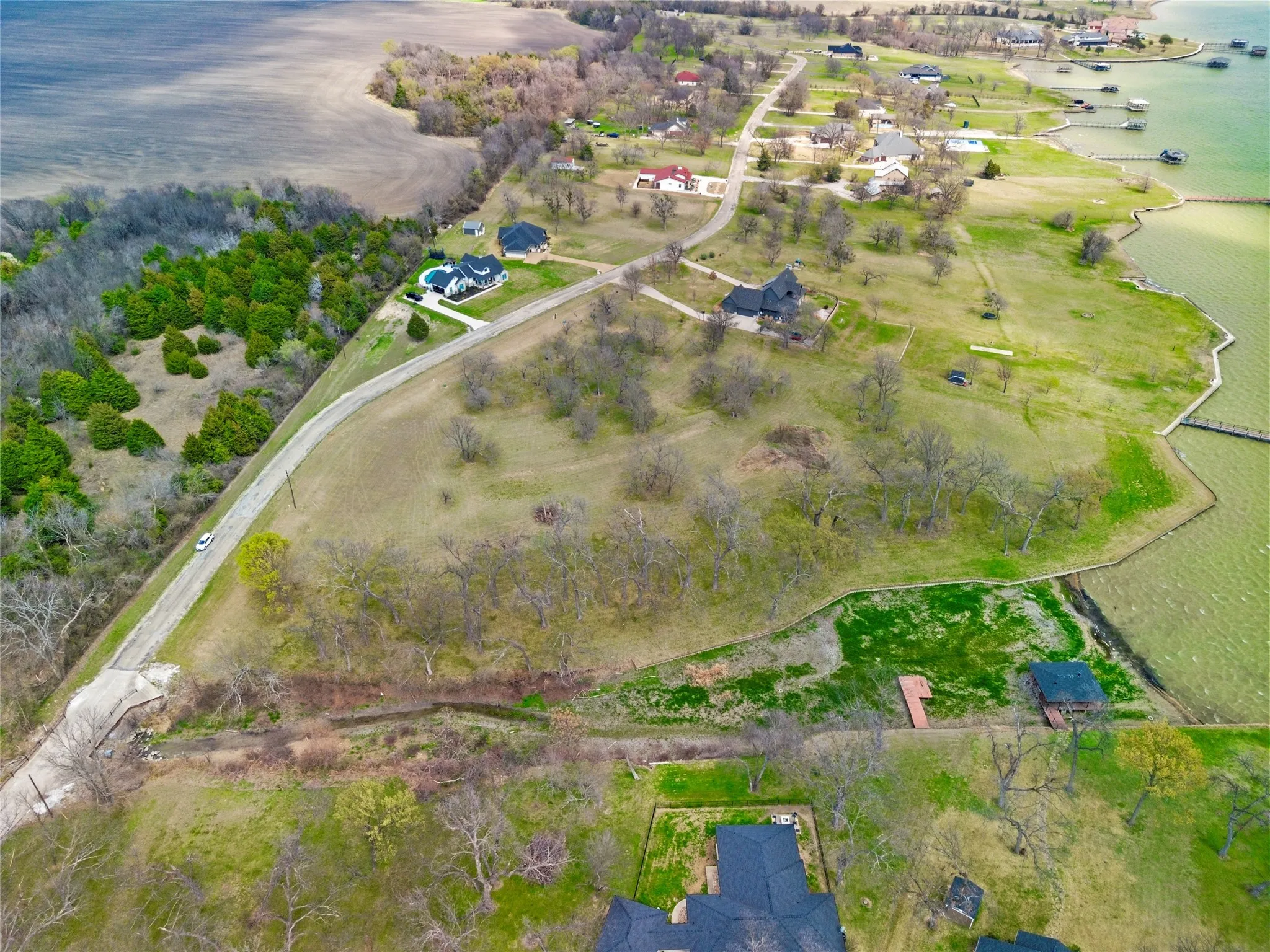 Aerial view of a nearby body of water