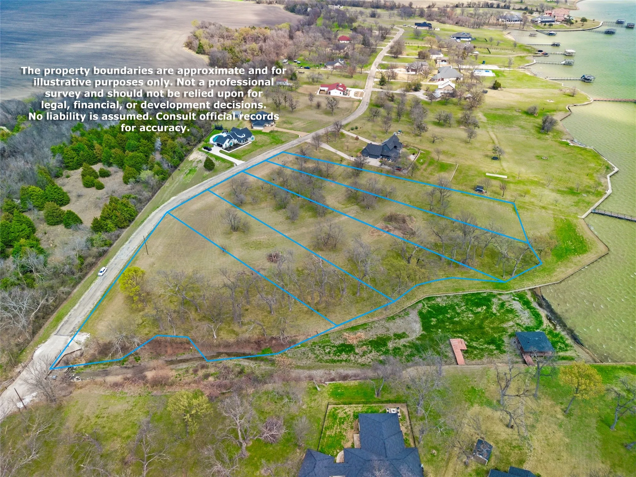 Aerial view of property's location with property boundaries highlighted and a nearby body of water