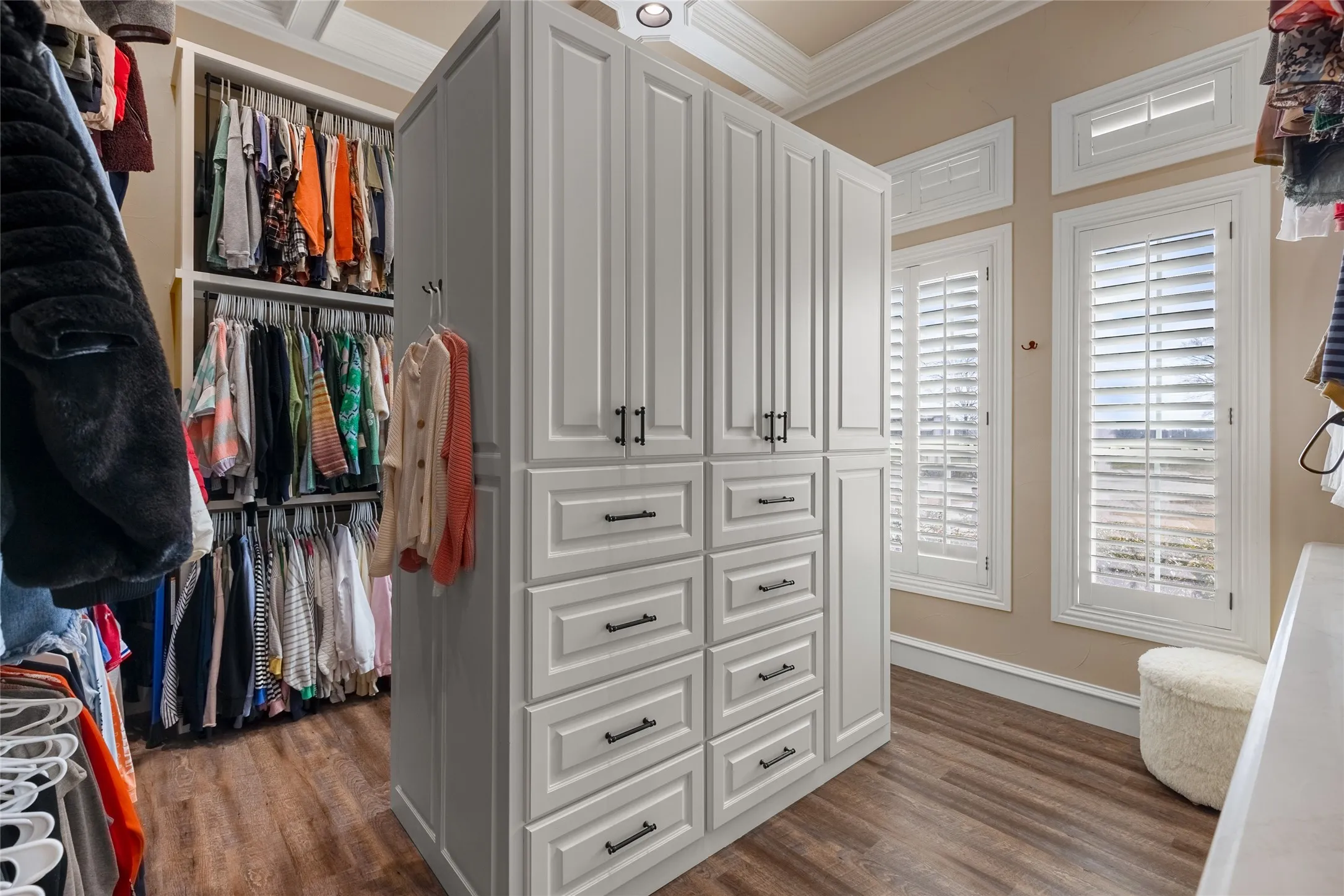 Walk in closet featuring dark wood finished floors