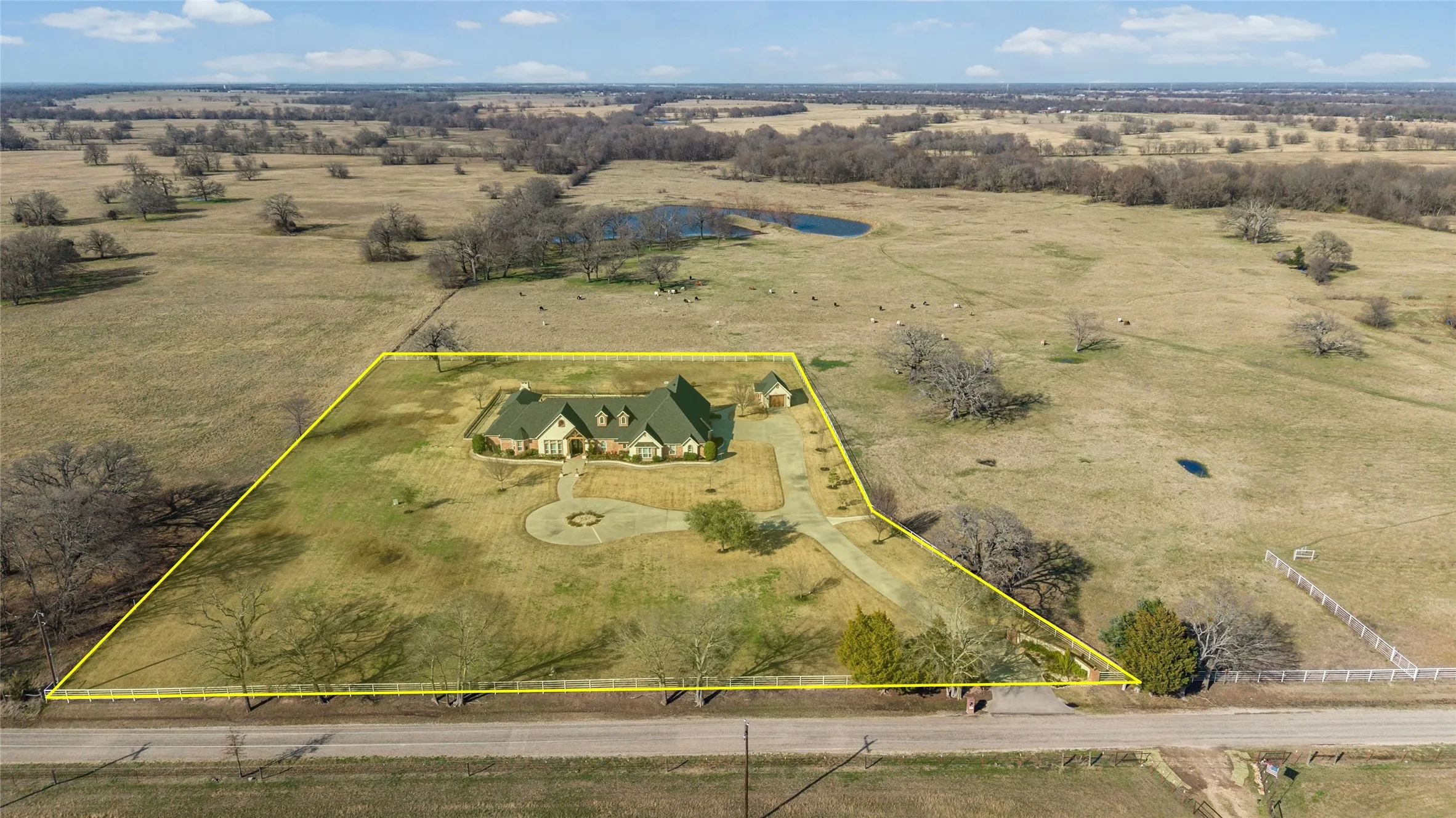 Overview of rural landscape featuring property boundaries highlighted