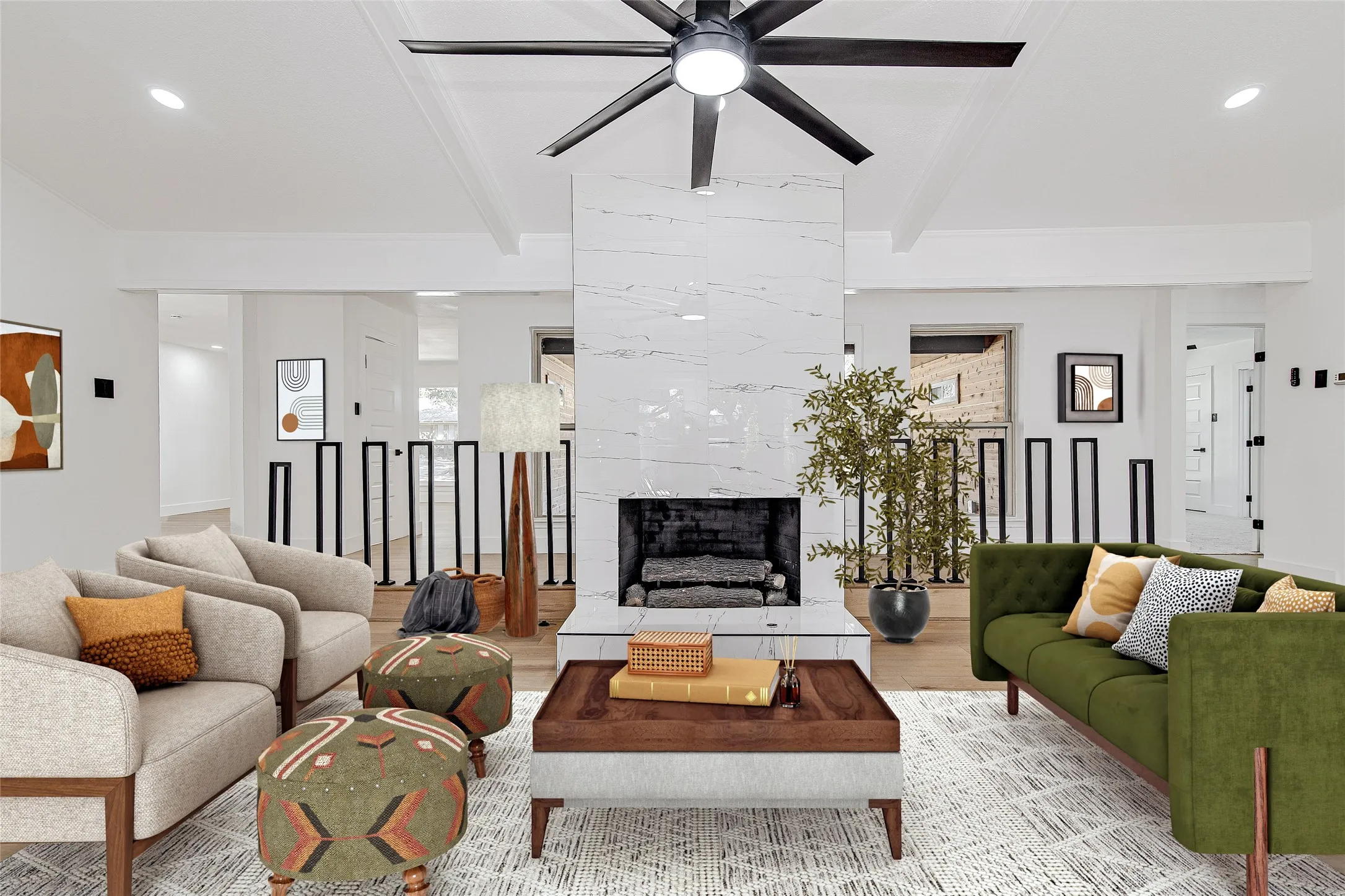 Living room with beamed ceiling, wood finished floors, recessed lighting, a ceiling fan, and a premium fireplace