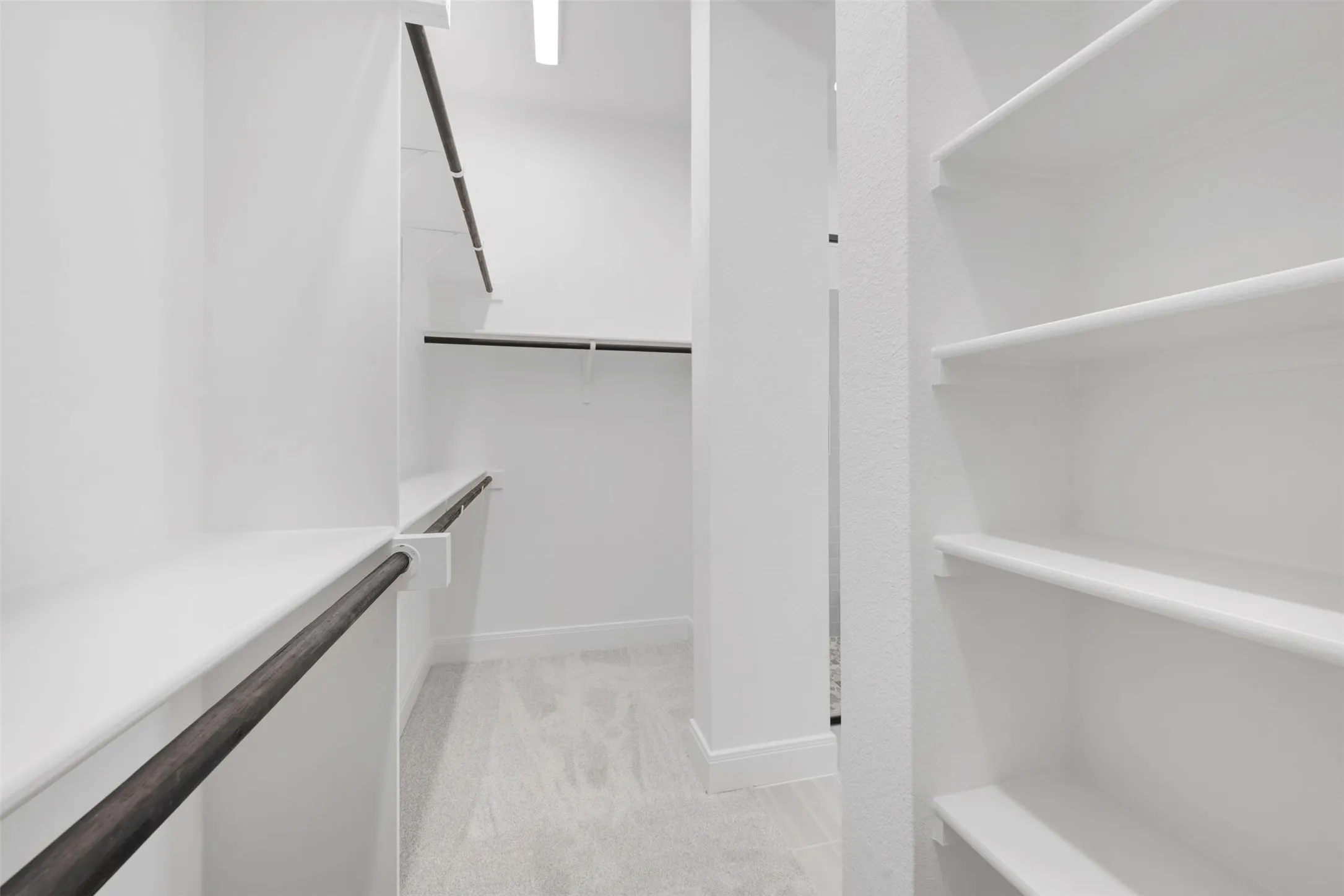 Walk-in closet featuring white built-in shelving, multiple hanging rods, and light-toned carpeting
