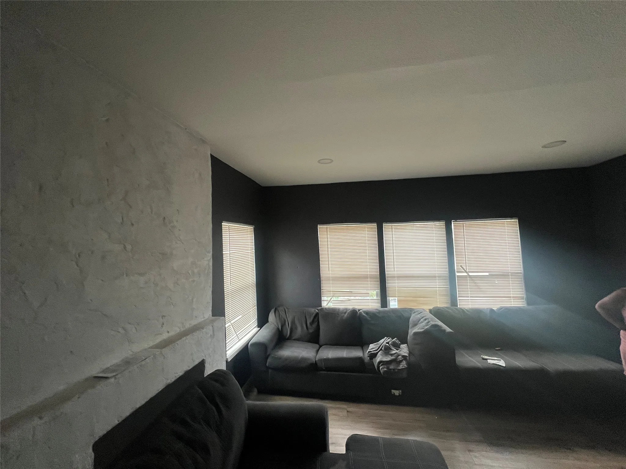 Living area with a textured wall and wood finished floors