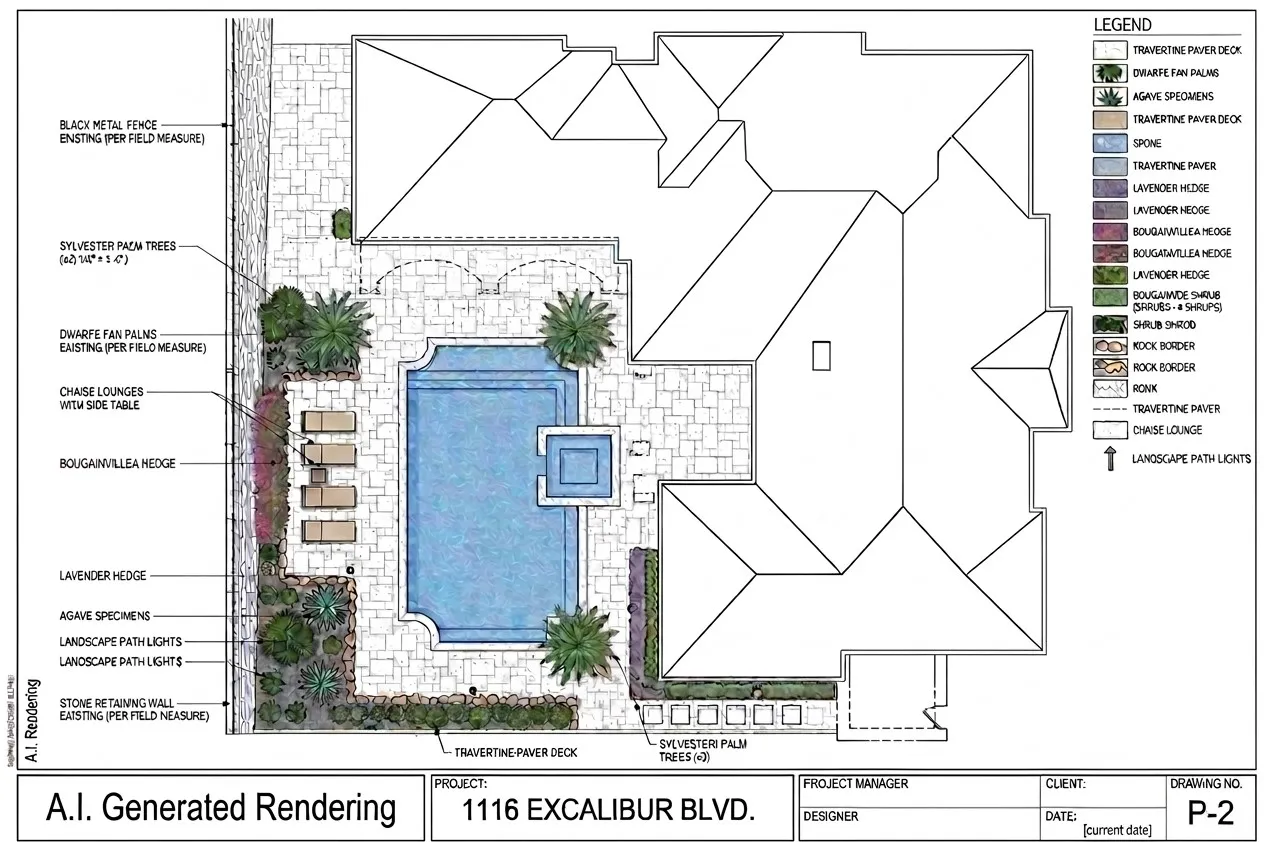 Sketch of a pool and outdoor area concept.  Buyer can create a dream back yard!   THIS IS AN EXAMPLE