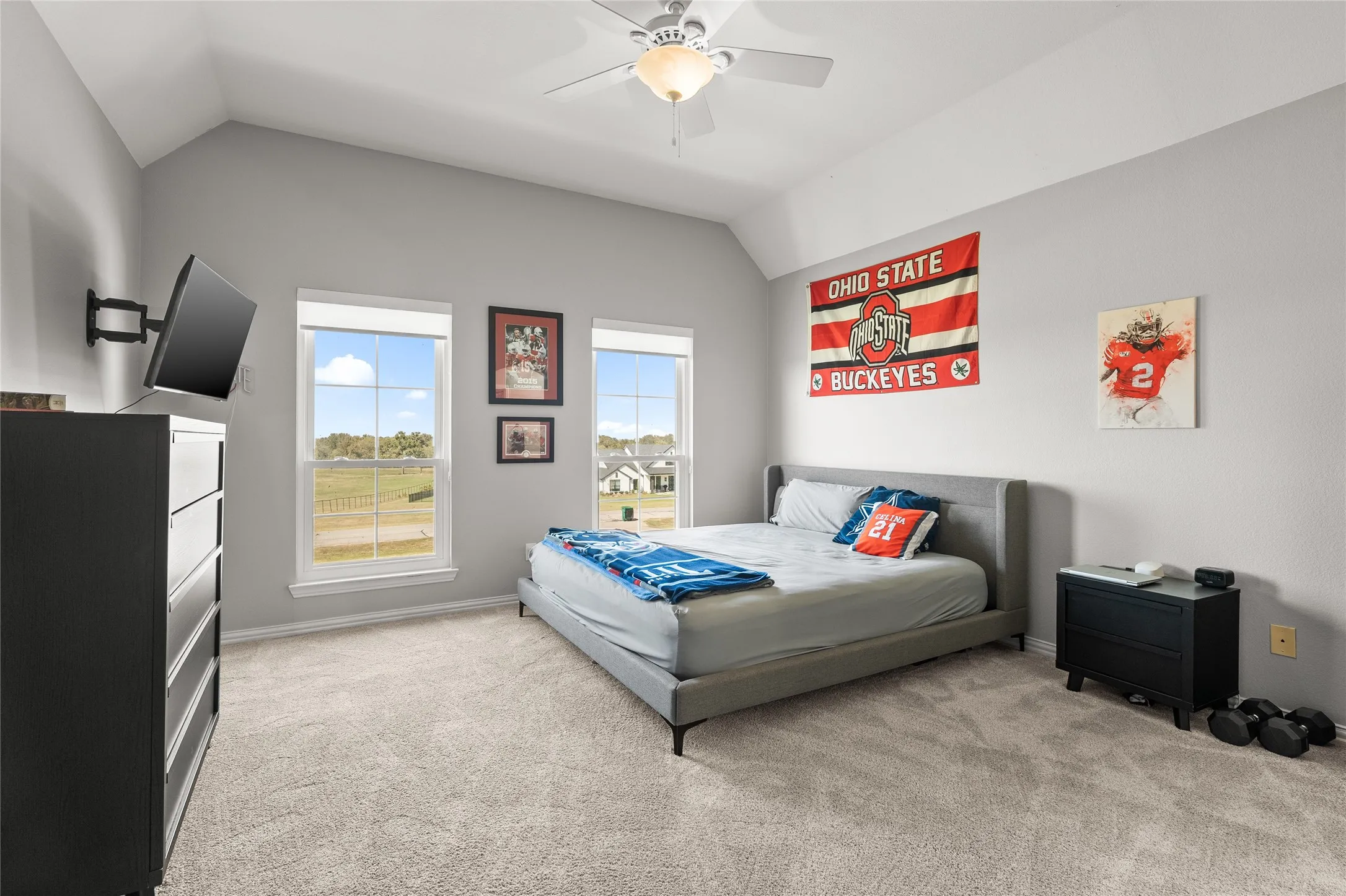 Bedroom featuring lofted ceiling, light colored carpet, and ceiling fan
