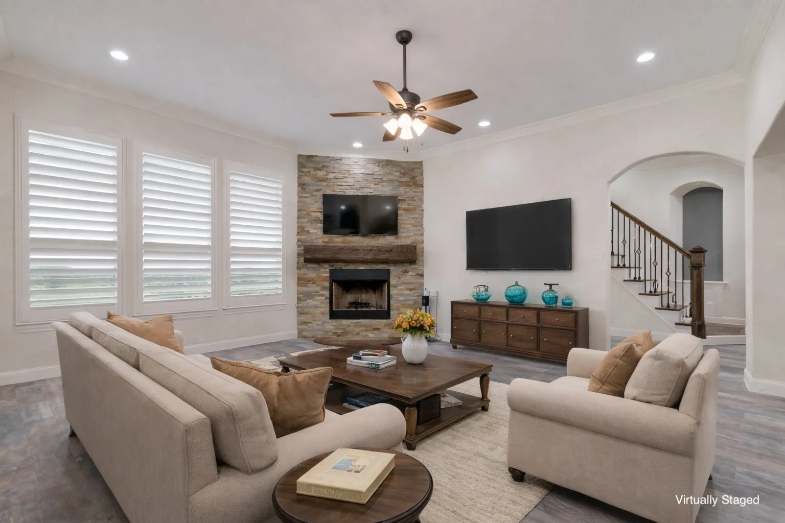 Stacked stone wood burning fireplace, great for cozy nights or entertaining friends.