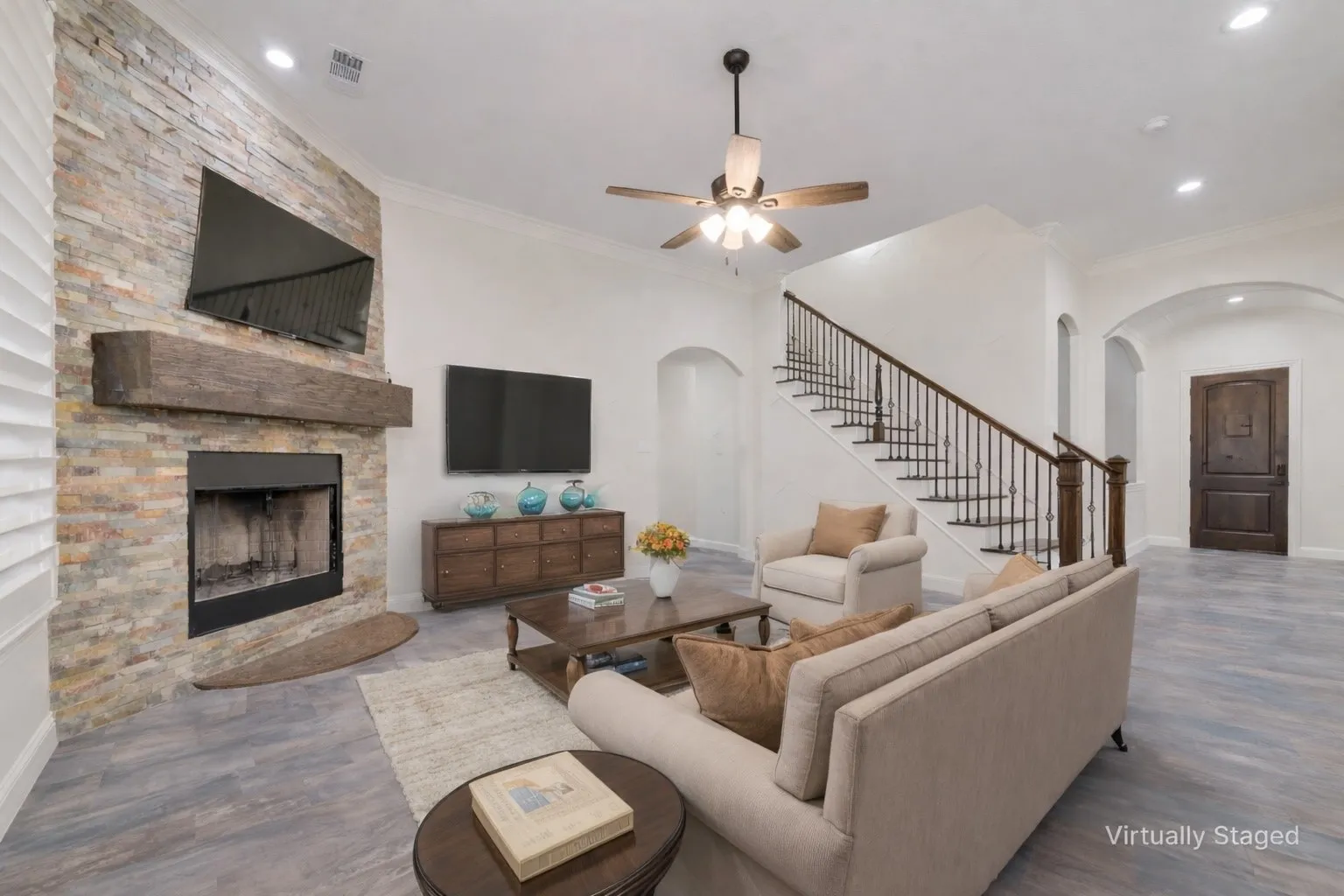 Stacked stone wood burning fireplace, great for cozy nights or entertaining friends.