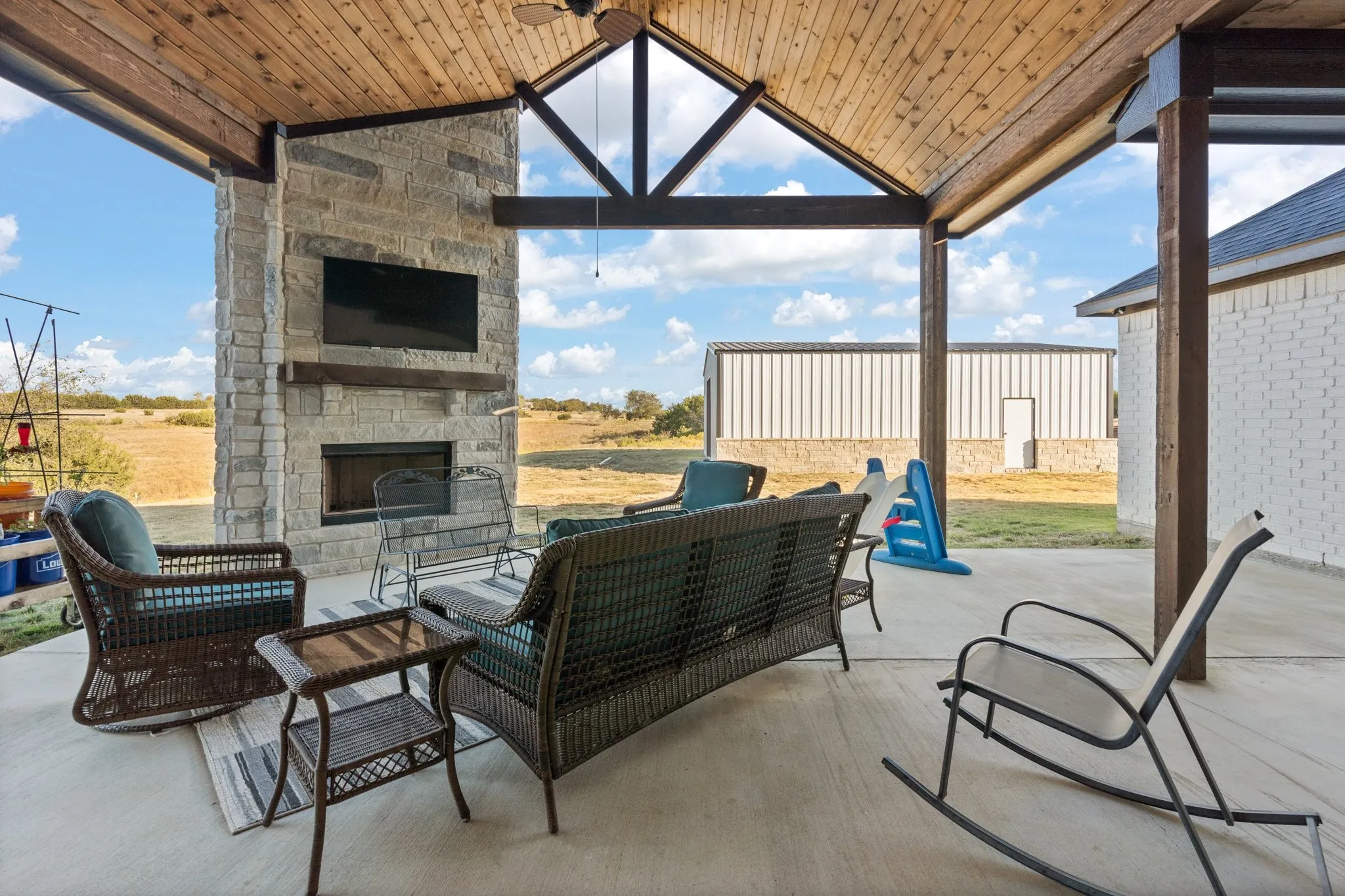 Patio with fireplace