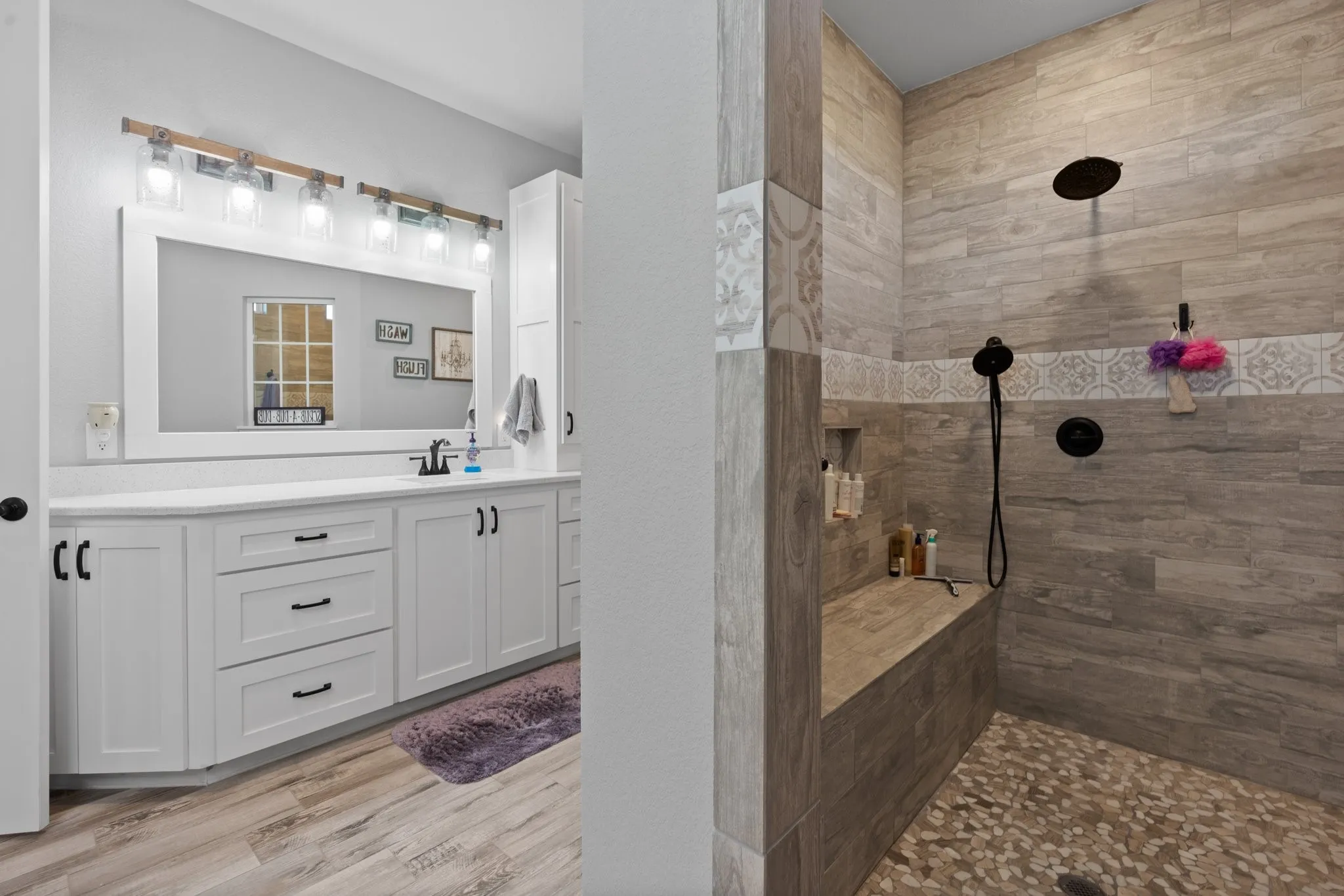 Primary bathroom with spacious walk in shower