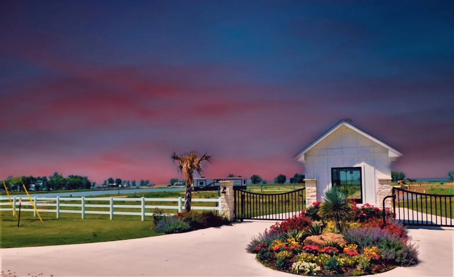 Gated entrance to Peninsula Point Luxury RV and Tiny Home Resort.