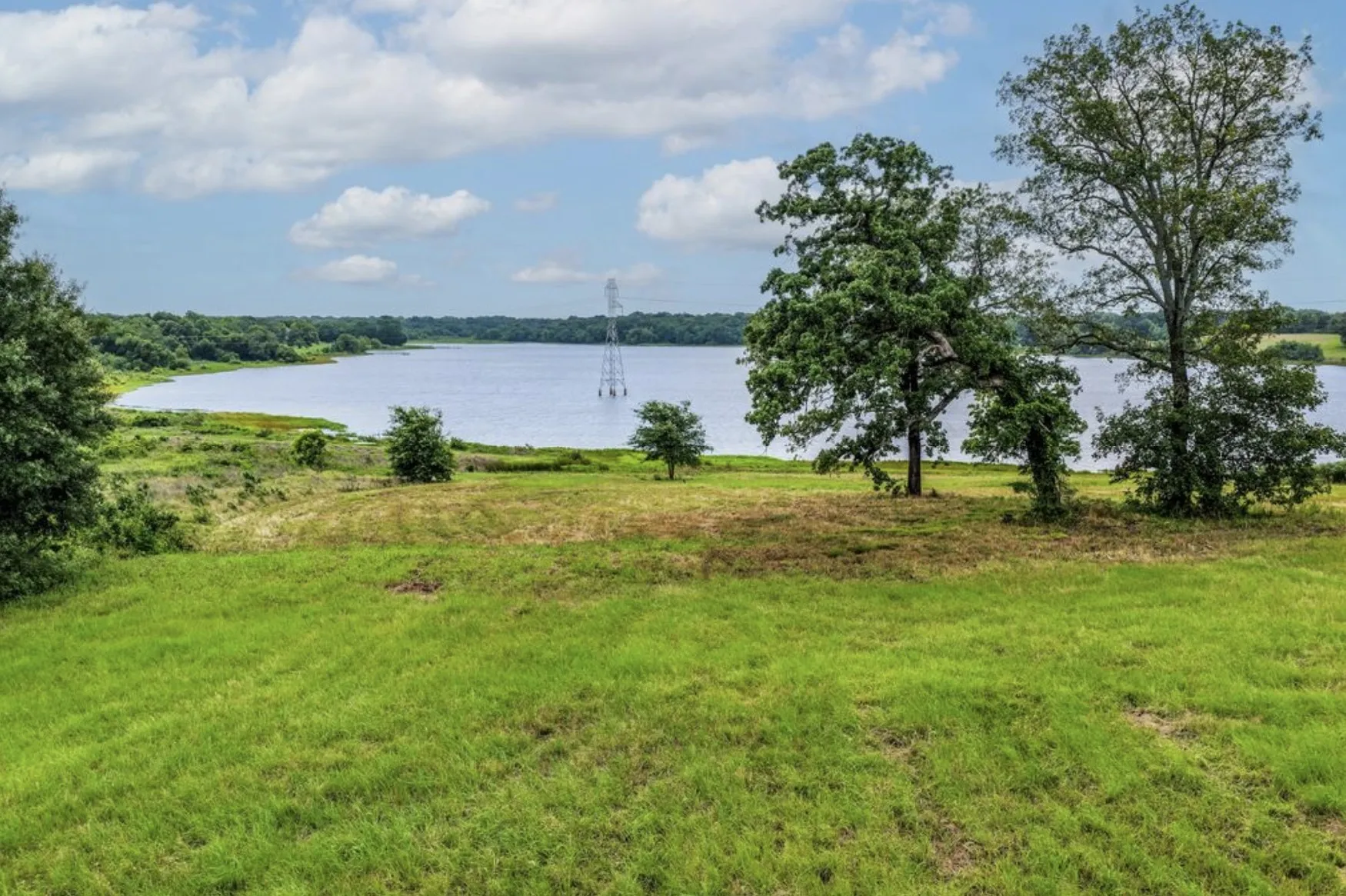 Expansive grassy terrain with a lake in the background, bordered by mature trees and lush green foliage