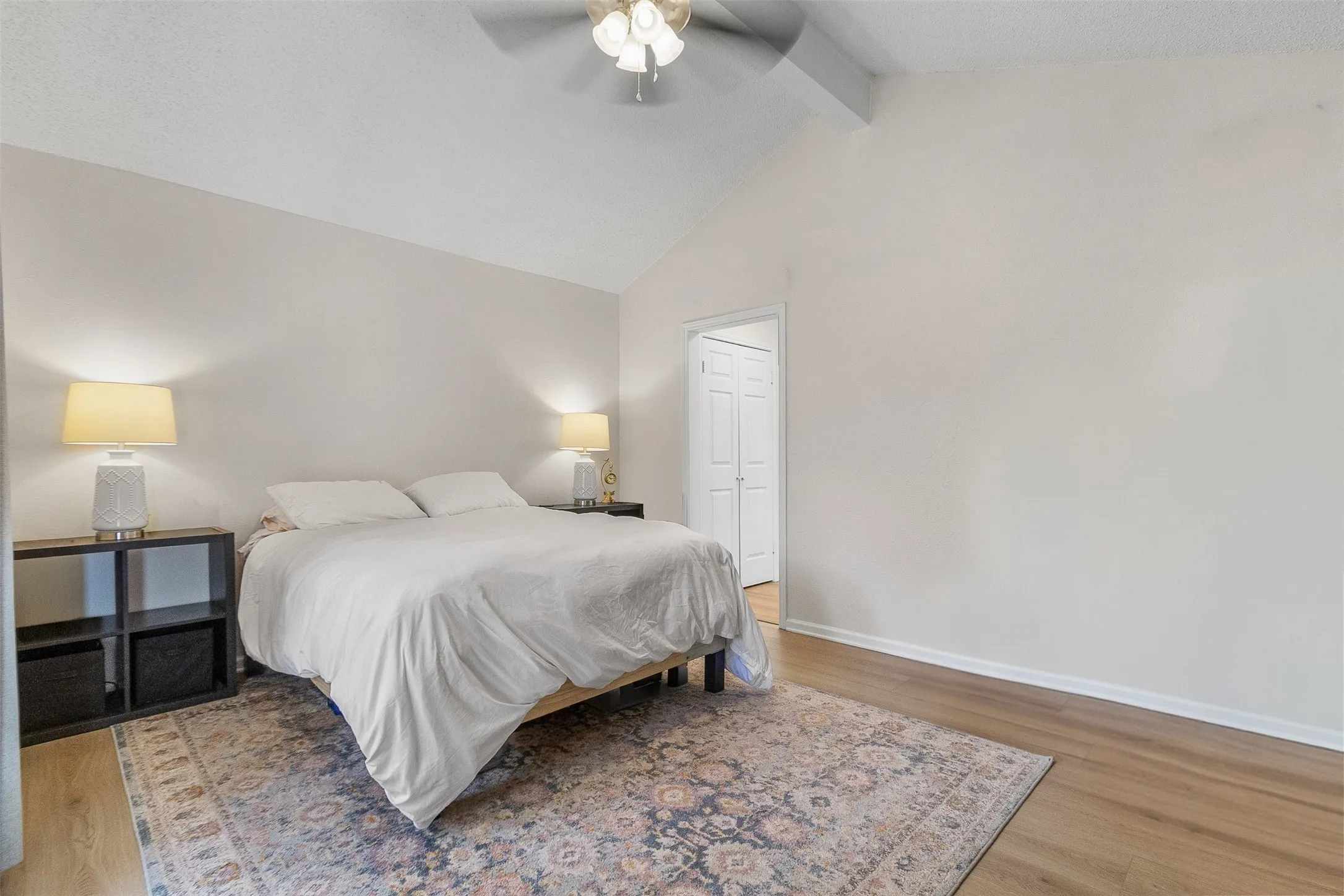 Bedroom with light wood-type flooring and ceiling fan