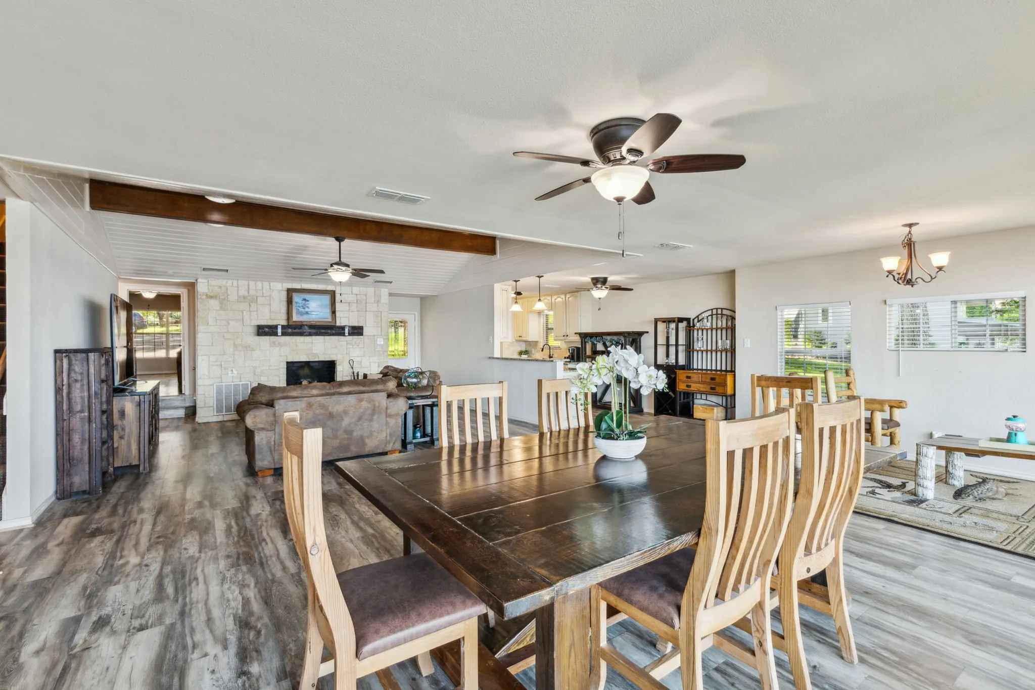 Open concept with dining, living and kitchen.