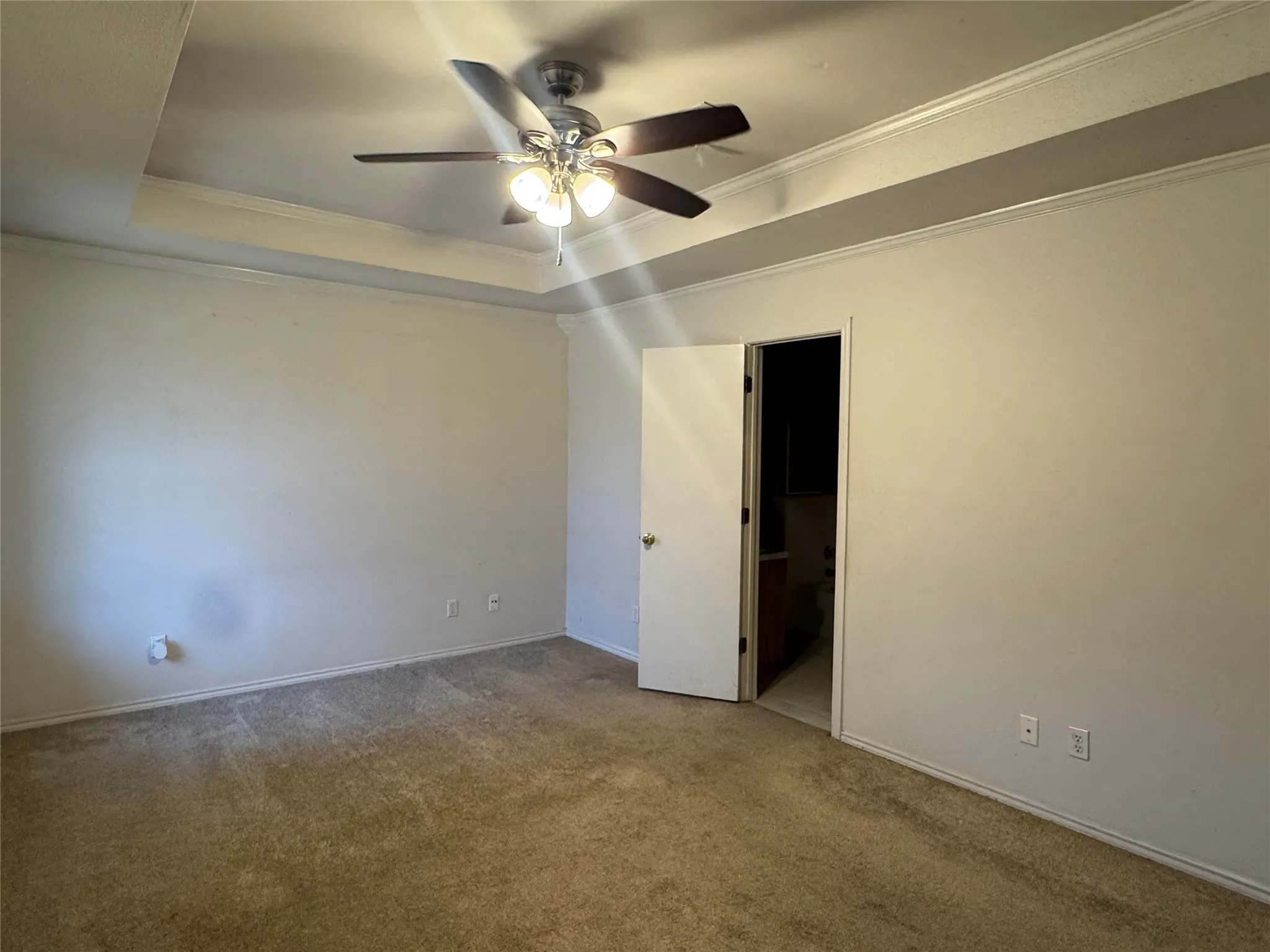 Ceiling fan, carpet with ensuite bathroom
