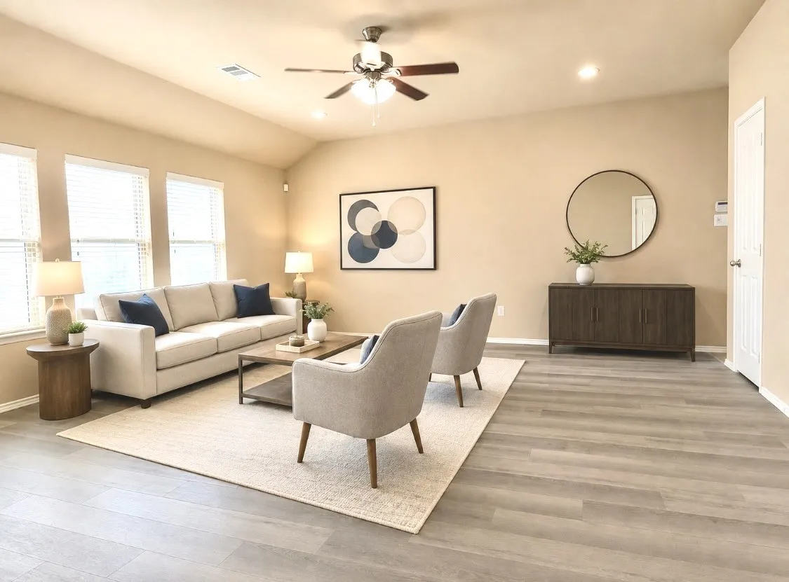 Virtually stage.Spacious living area featuring light wood-finish flooring, vaulted ceilings, and a ceiling fan with integrated lighting