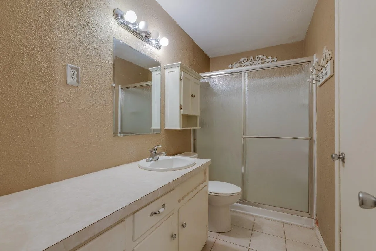 Full bathroom, electric water heater is in the closet (photo from 2023, currently tenant occupied).
