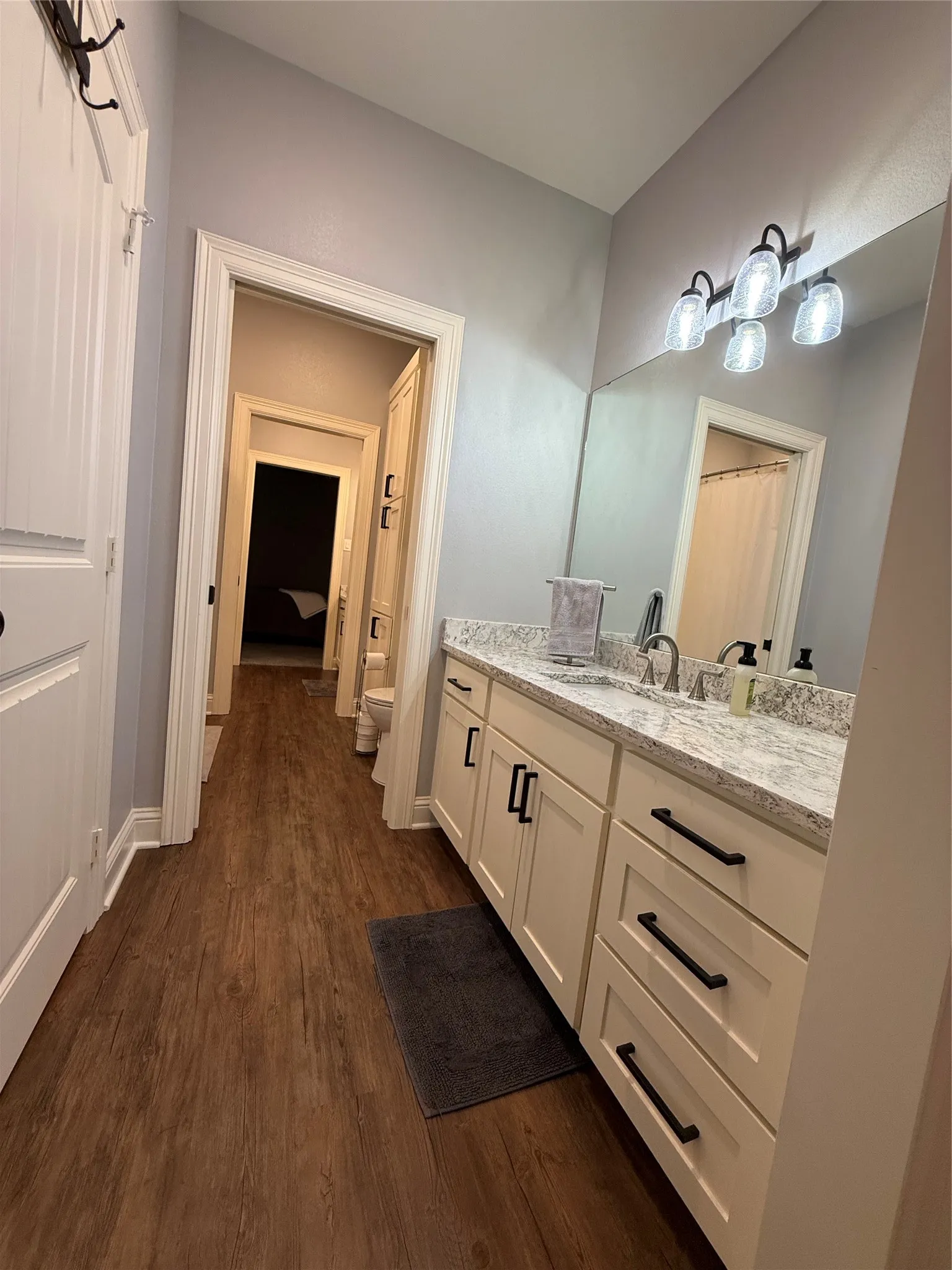 Full bath featuring toilet, vanity, wood finished floors, and baseboards