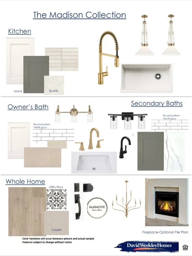 Design Board, The Madison Collection. Presenting material and fixture selections for the property's kitchen, owner's bath, secondary baths, and whole home elements