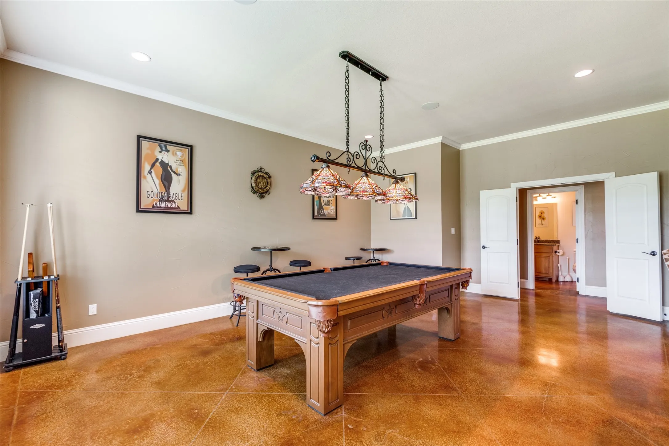 Recreation room with billiards, crown molding, concrete floors, and recessed lighting