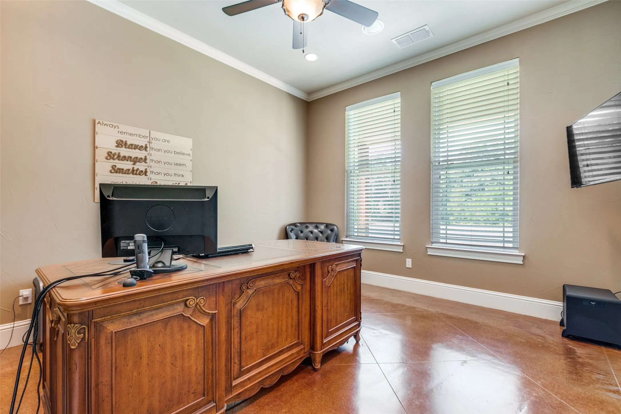 Office featuring ornamental molding, light tile patterned floors, and ceiling fan