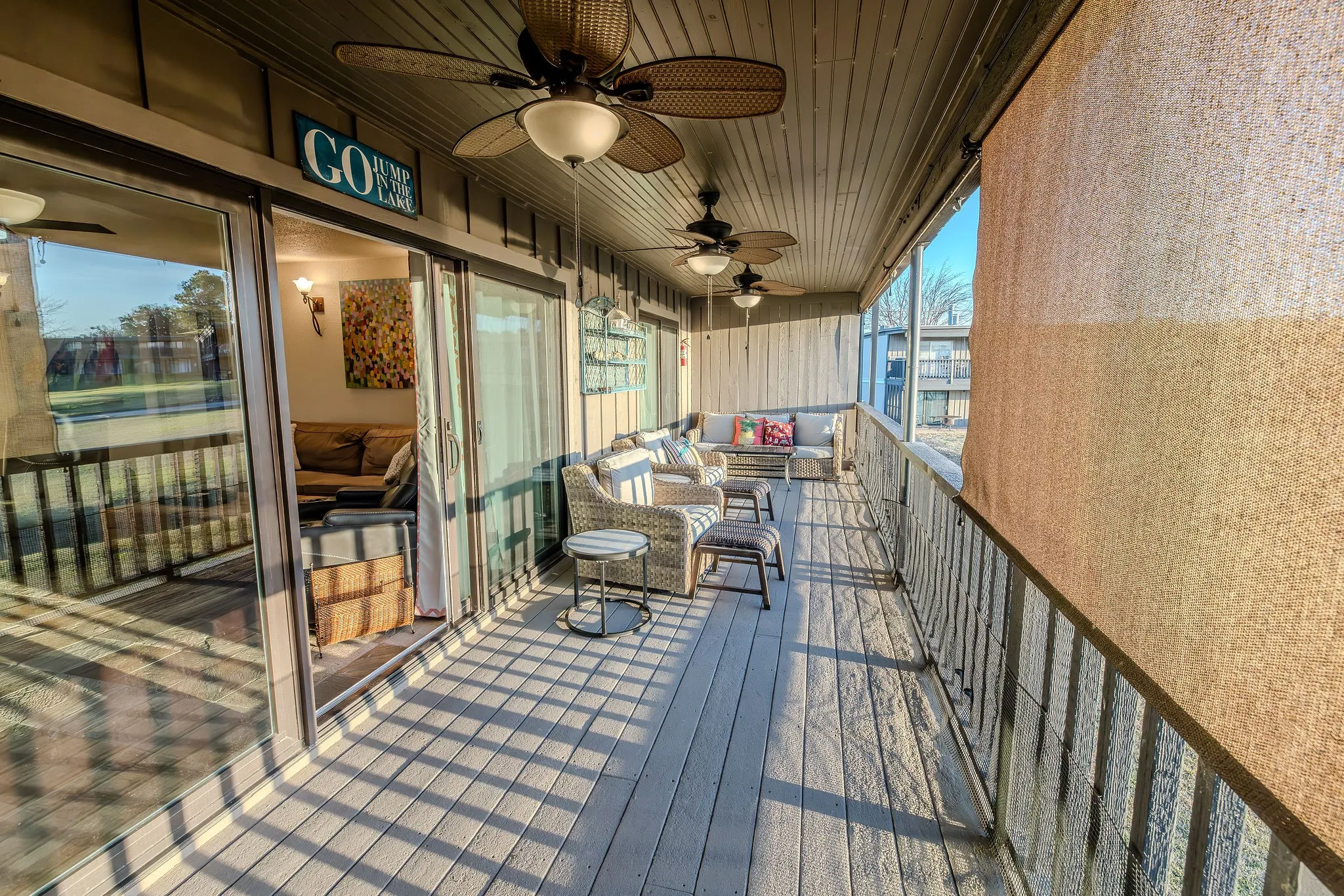 Pull down blinds along the balcony and outdoor fans make afternoons and evenings so comfortable!