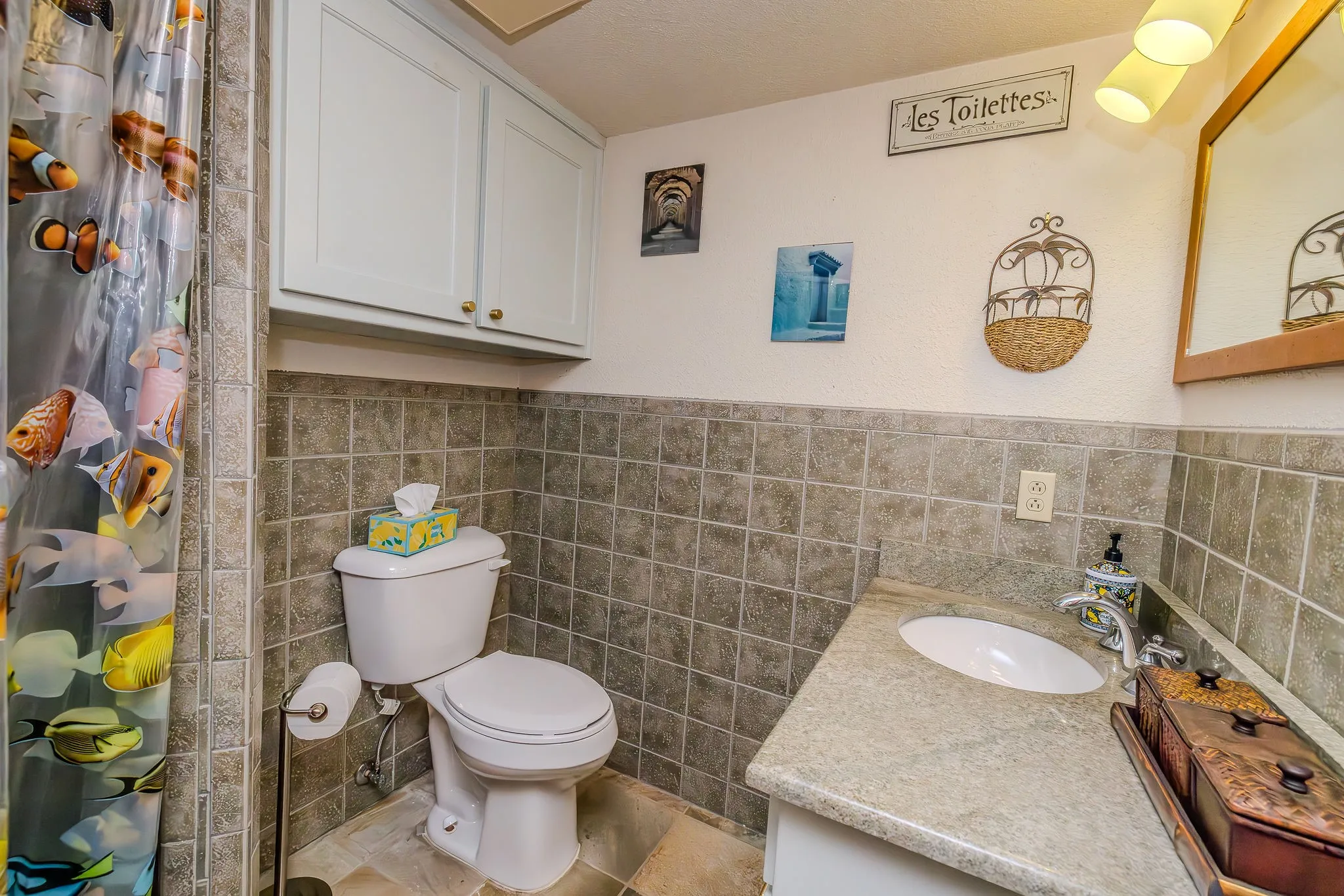 Updated bathroom counter, cabinets, hardware and light fixtures and a step-in shower in the guest bath.