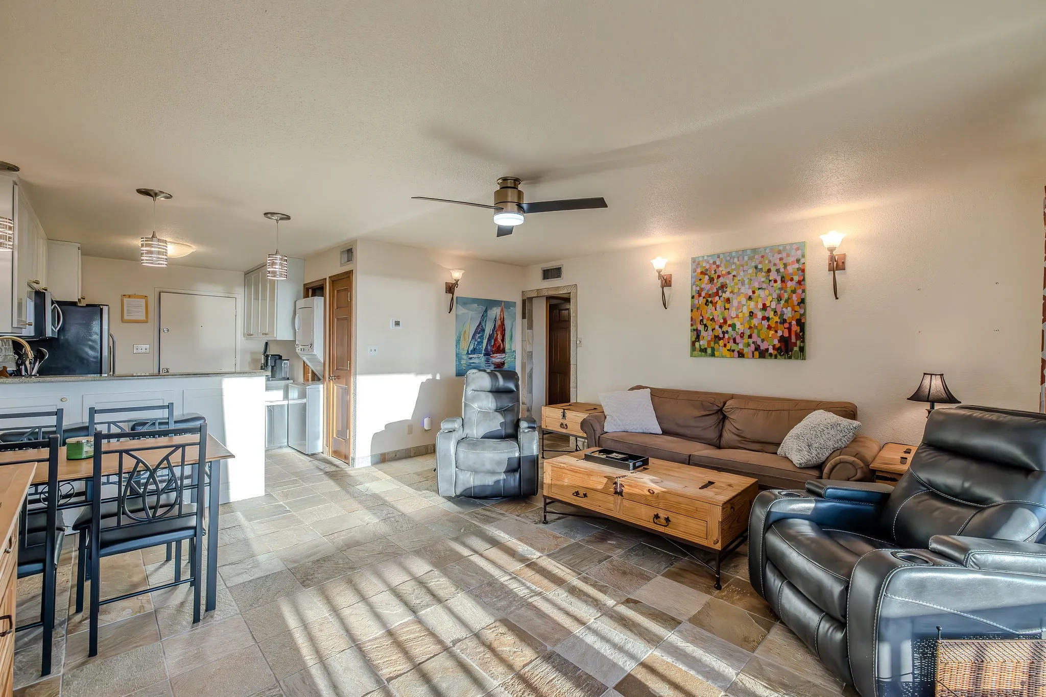 View from the sliding doors into the living room and kitchen.