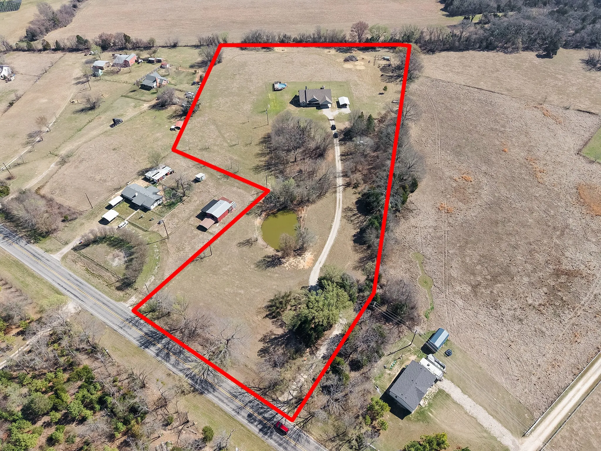 Overview of rural landscape featuring property boundaries highlighted