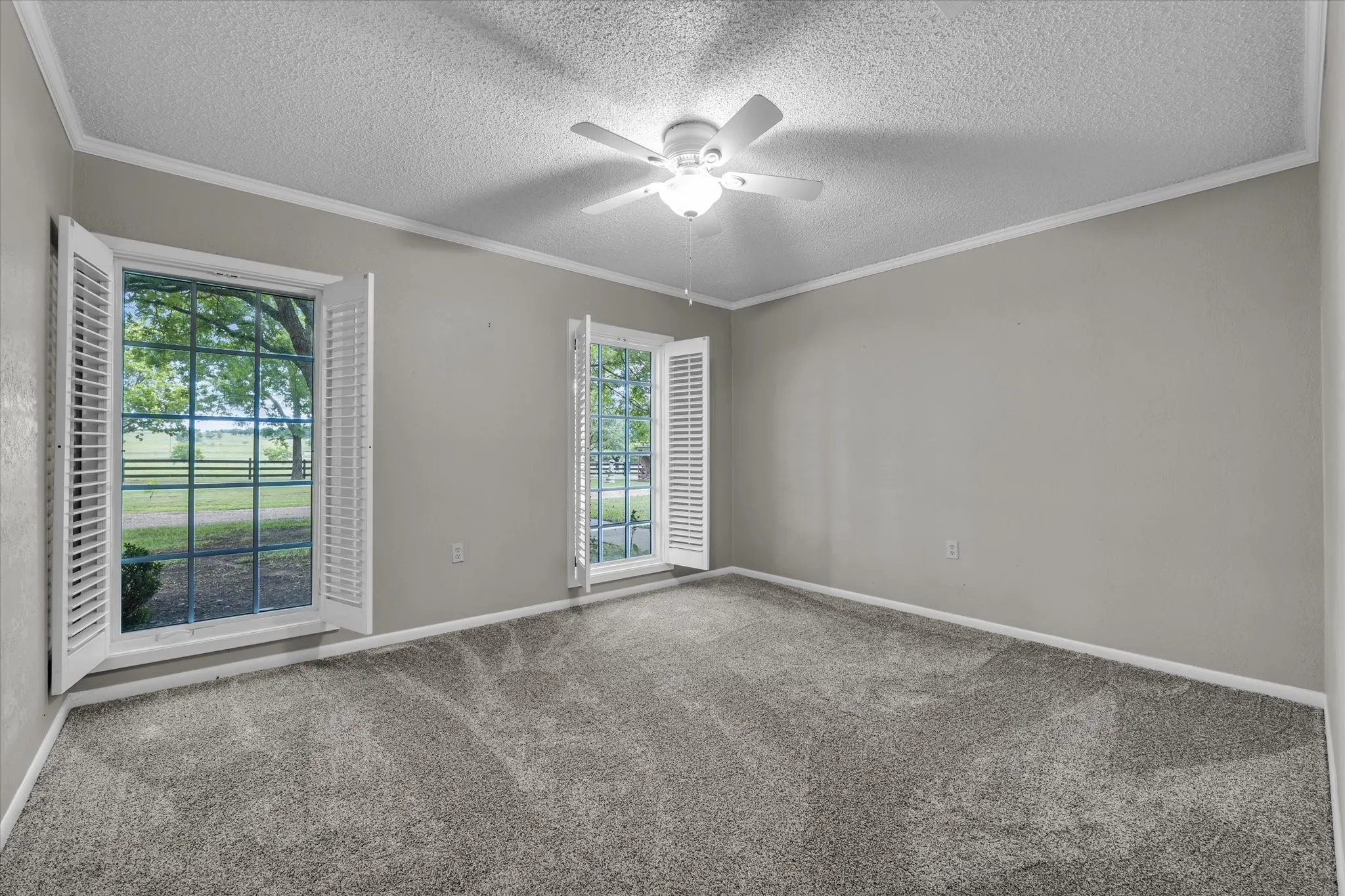 Unfurnished room with a ceiling fan, a textured ceiling, carpet floors, and ornamental molding