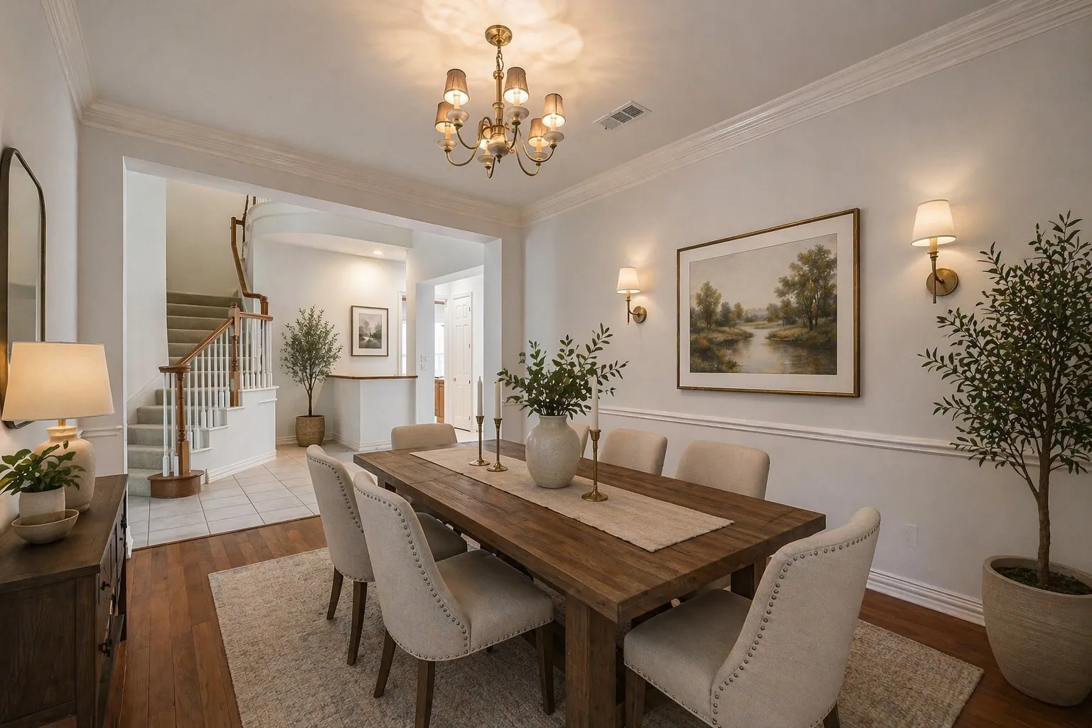 virtual staging in this formal dining area featuring hardwood flooring, crown molding and chairrail molding.