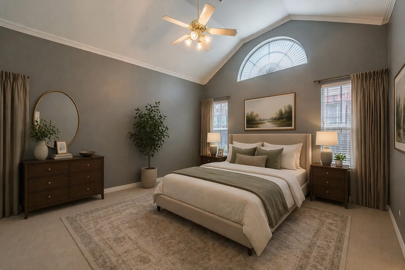 Vaulted ceilings with a ceiling fan, arched transom window, two vertical windows with blinds and drapes, and carpeted flooring