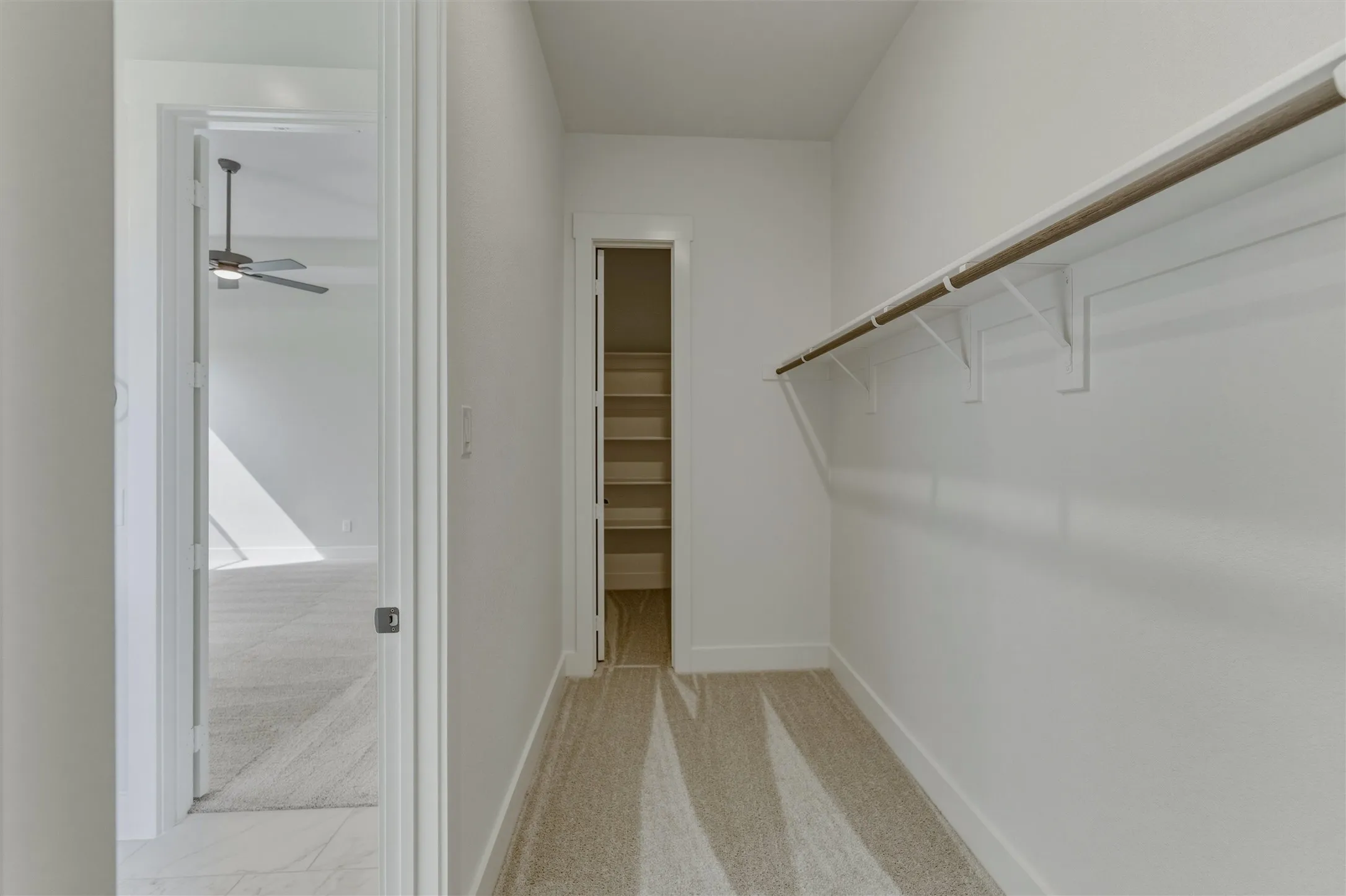 Walk-in closet featuring white wire shelving, a wood-finish hanging rod, and light-toned carpet flooring