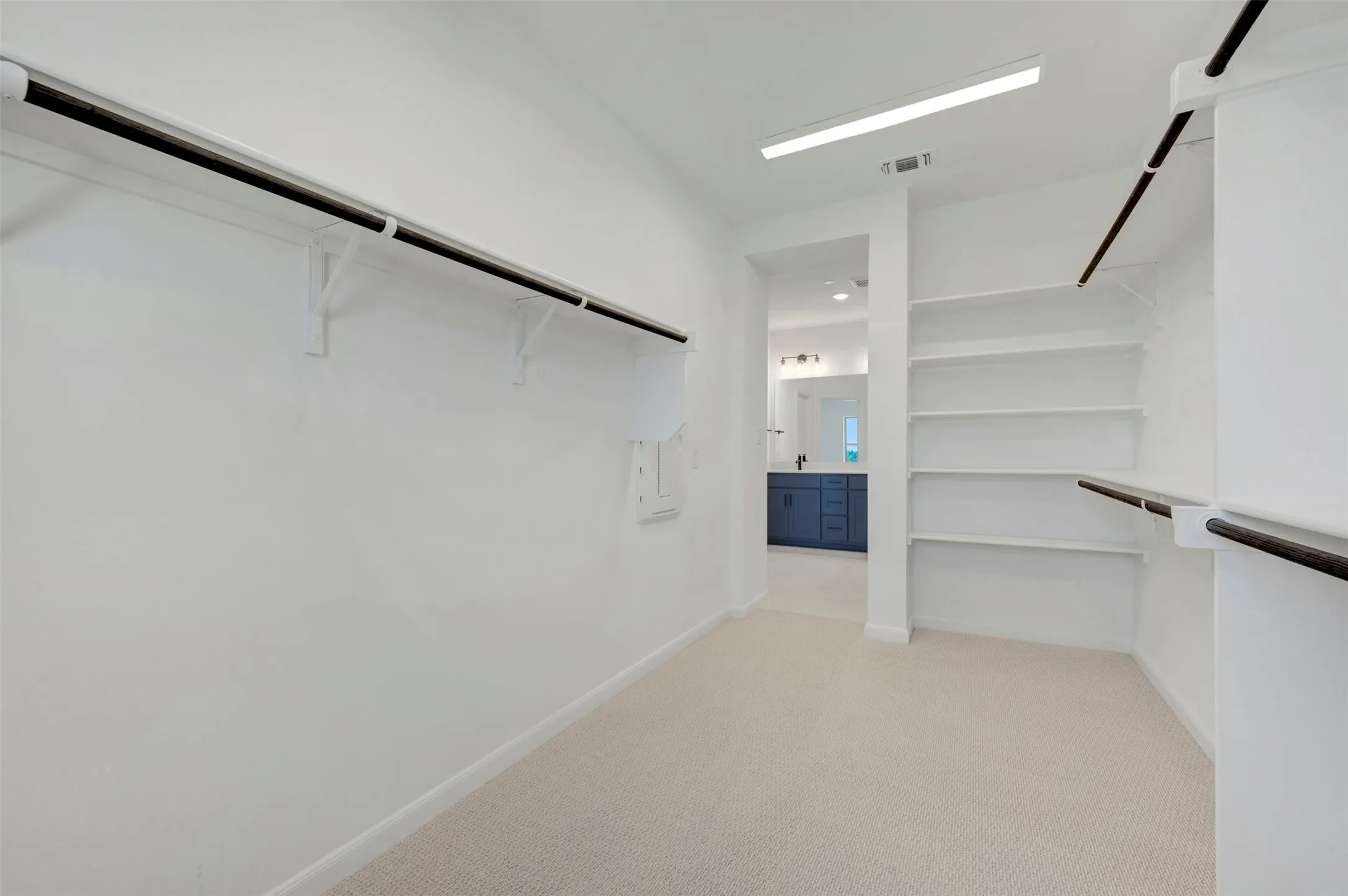 Spacious walk-in closet featuring white walls, light-colored carpeting, multiple hanging rods, and built-in shelving