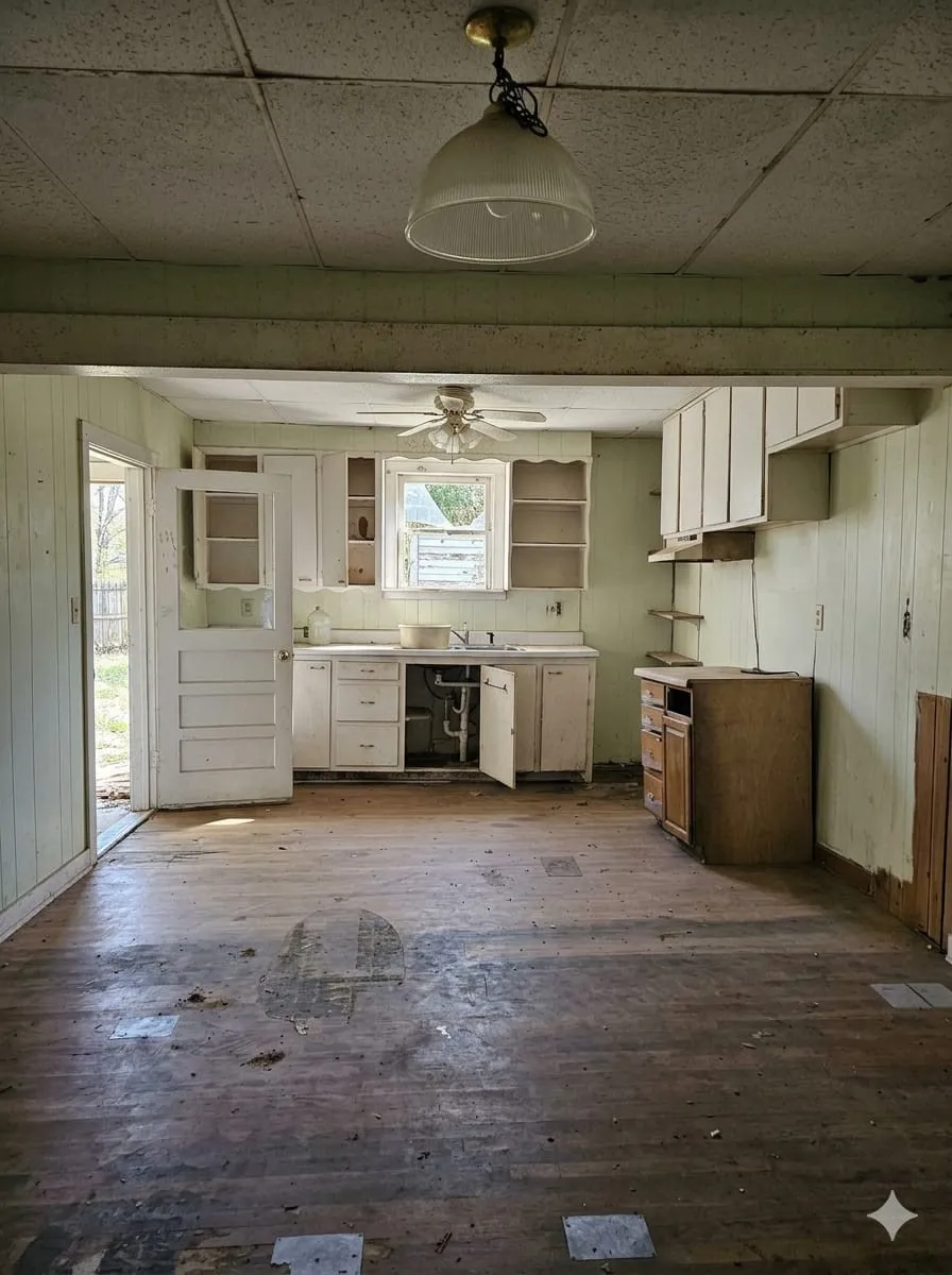 Kitchen featuring wooden walls, a paneled ceiling, light countertops, dark wood-style floors, and white cabinets