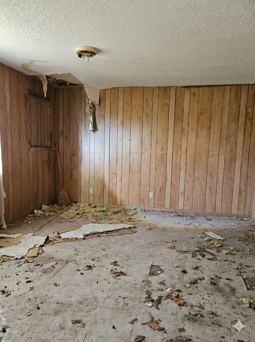 Empty room with a textured ceiling and wooden walls