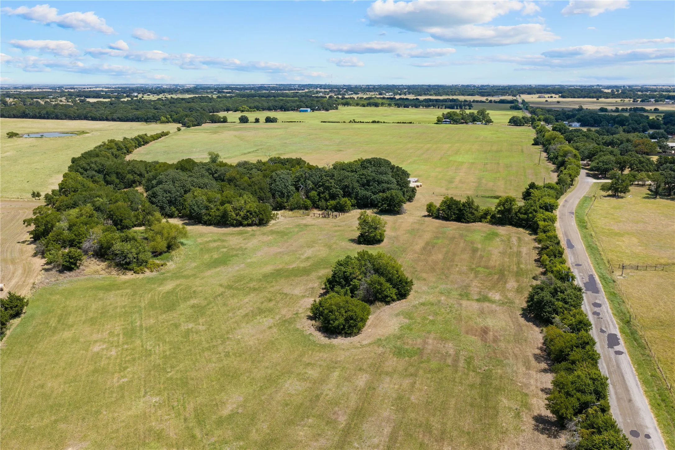 Expansive open fields with tree lines and a paved road