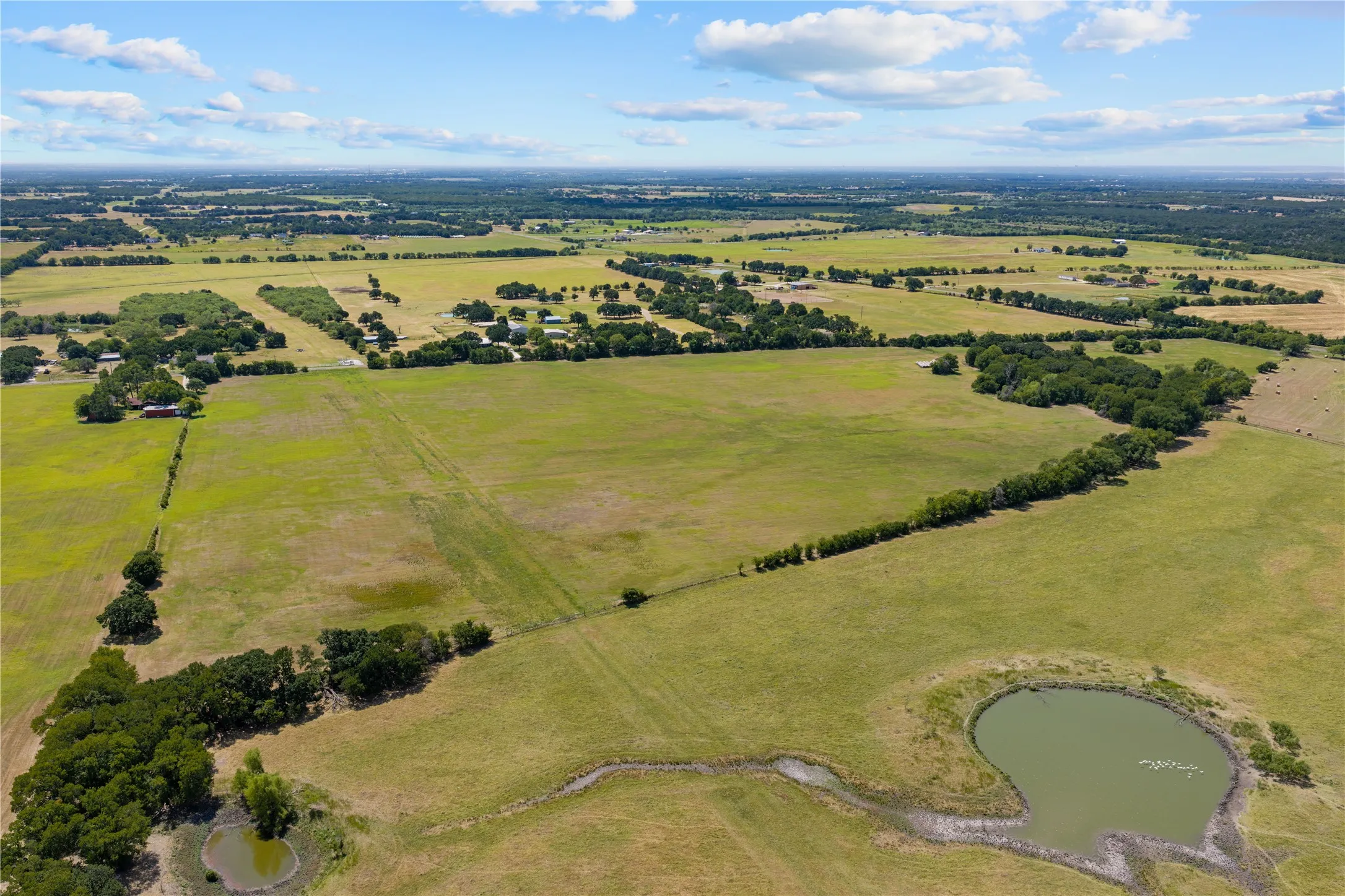 Expansive green pastureland with multiple ponds, scattered mature trees, and distant structures