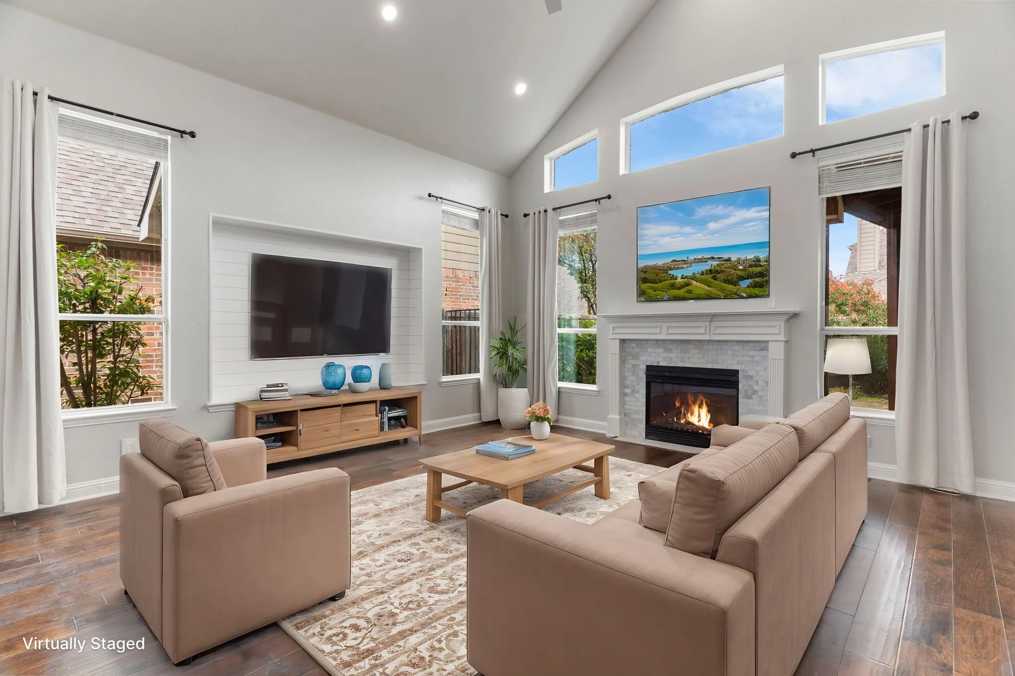 Impressive for entertaining or family relaxation around the fireplace.