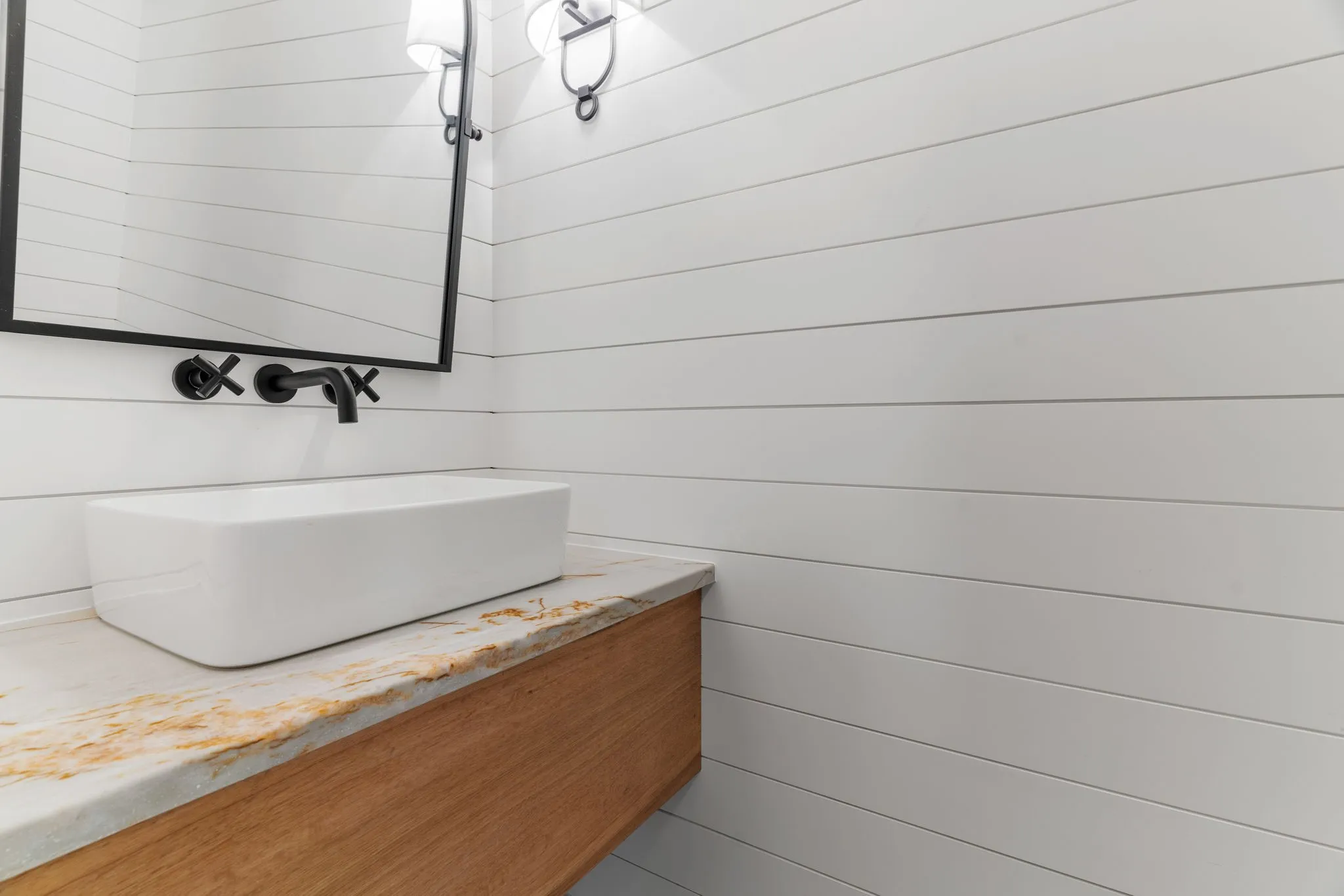 Lovely powder bath redo--shiplap, vessel sink, decorator mirror, iights & hardware.