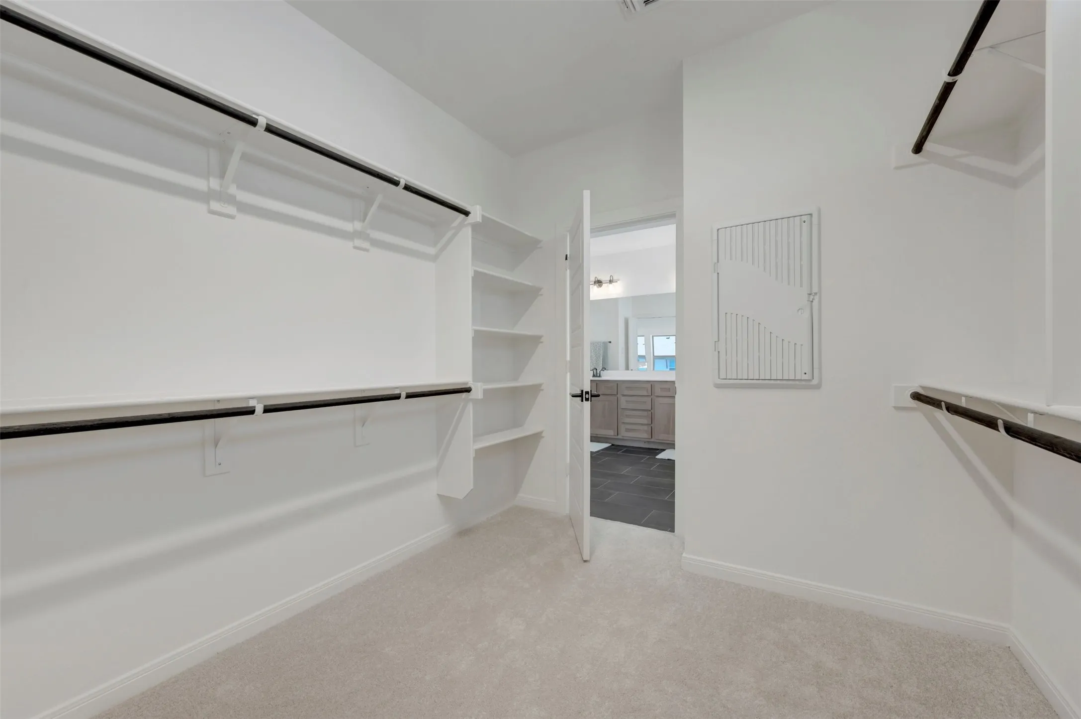 Spacious walk-in closet featuring floor-to-ceiling shelving, dual hanging rods with black metal accents, soft carpet flooring, and abundant natural light from the entry